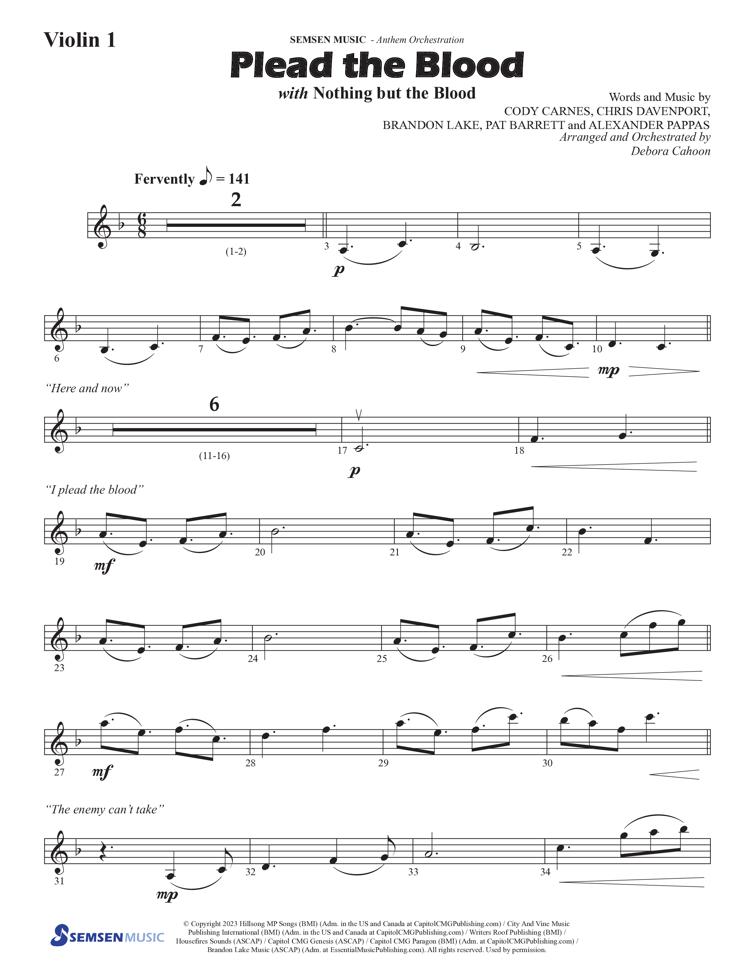 Plead The Blood (with Nothing But The Blood) (Choral Anthem SATB) Violin 1 (Semsen Music / Arr. Debora Cahoon)