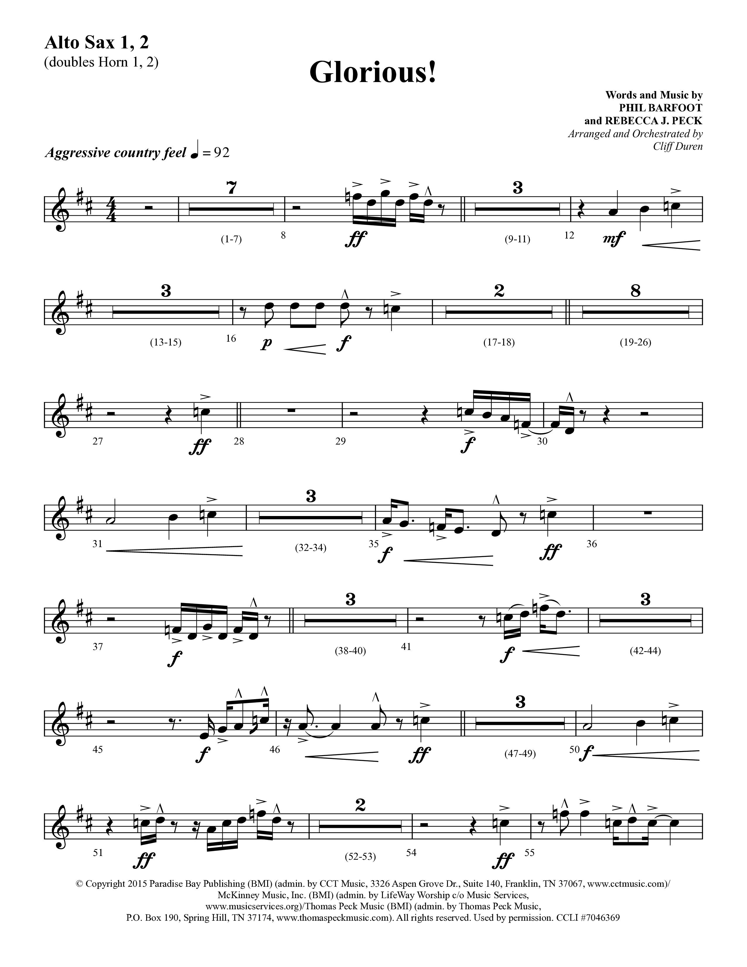 Glorious (Choral Anthem SATB) Alto Sax 1/2 (Lifeway Choral / Arr. Cliff Duren)