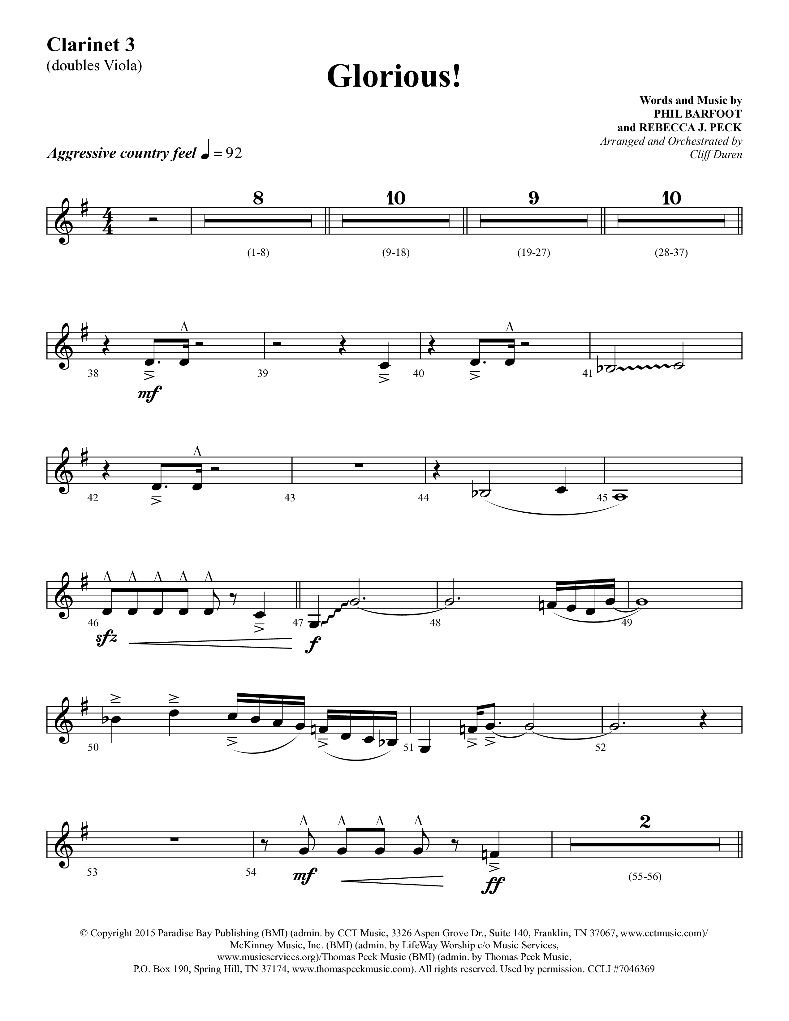 Glorious (Choral Anthem SATB) Clarinet 3 (Lifeway Choral / Arr. Cliff Duren)