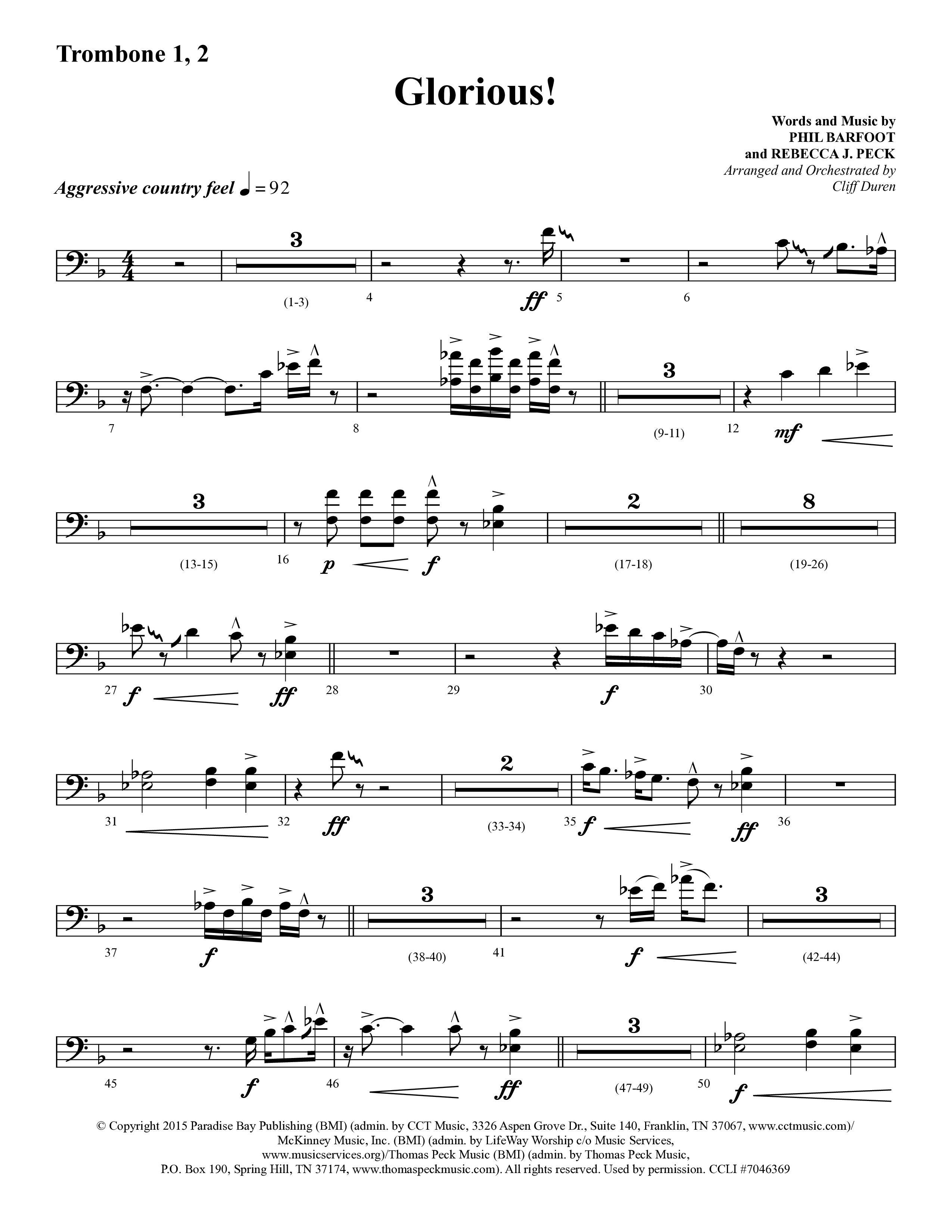 Glorious (Choral Anthem SATB) Trombone 1/2 (Lifeway Choral / Arr. Cliff Duren)