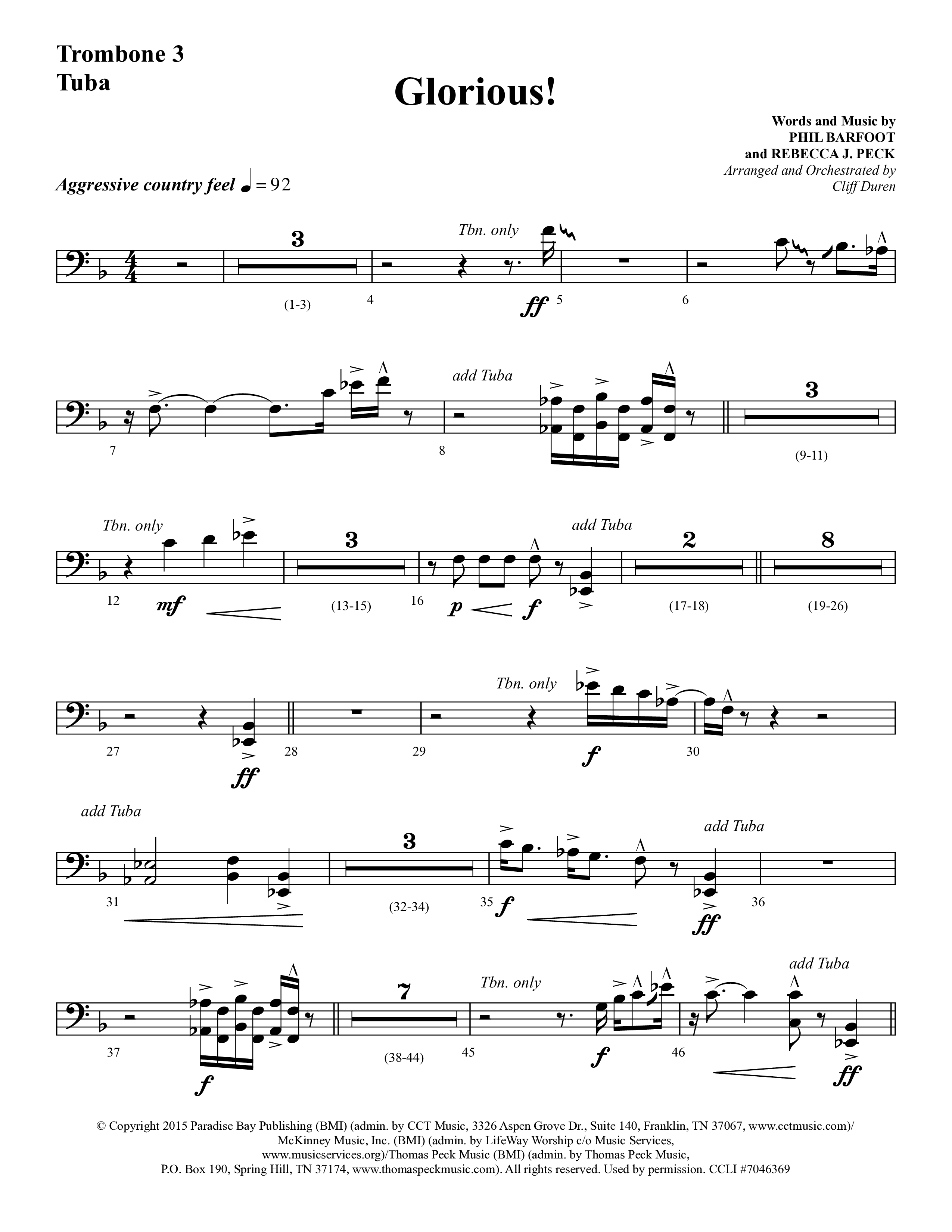 Glorious (Choral Anthem SATB) Trombone 3/Tuba (Lifeway Choral / Arr. Cliff Duren)