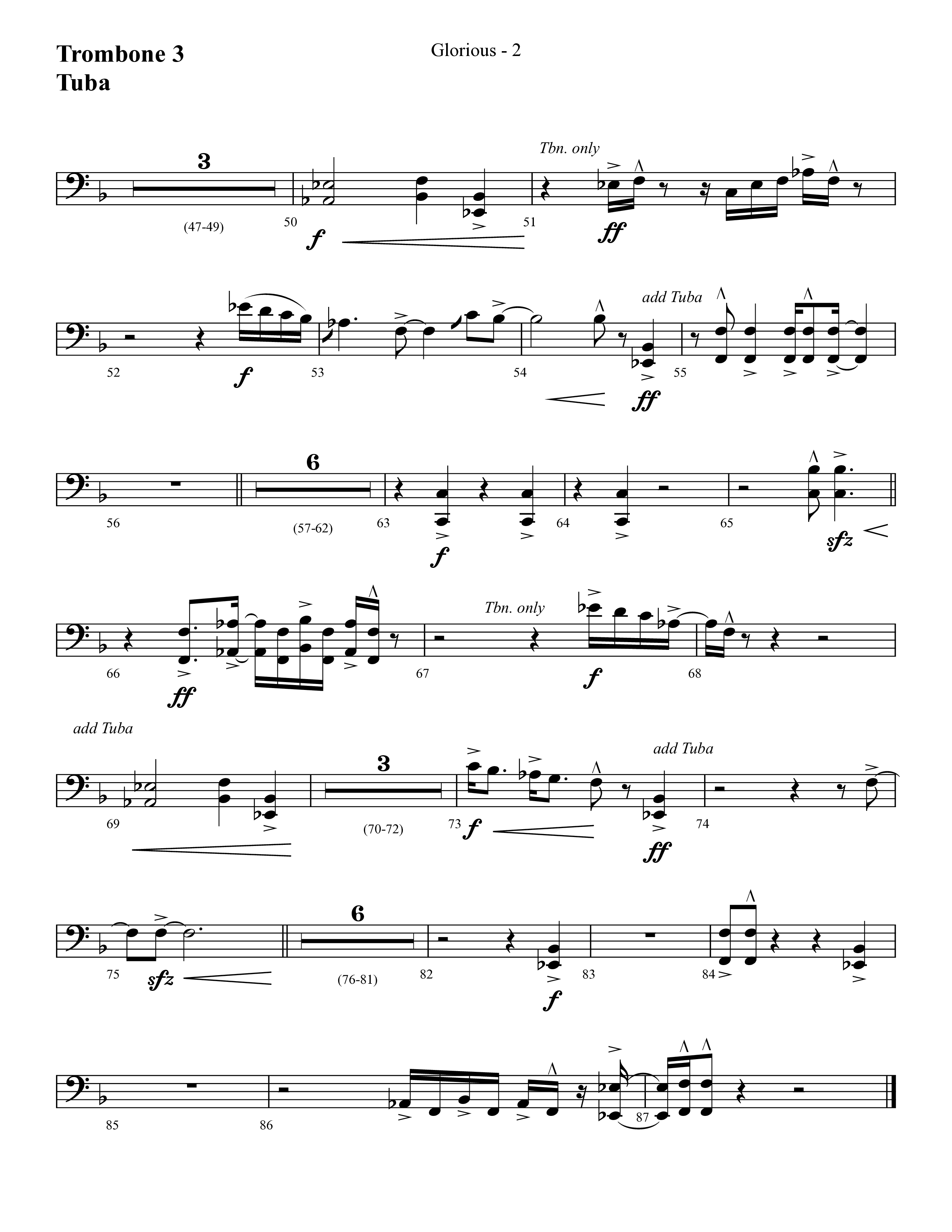 Glorious (Choral Anthem SATB) Trombone 3/Tuba (Lifeway Choral / Arr. Cliff Duren)