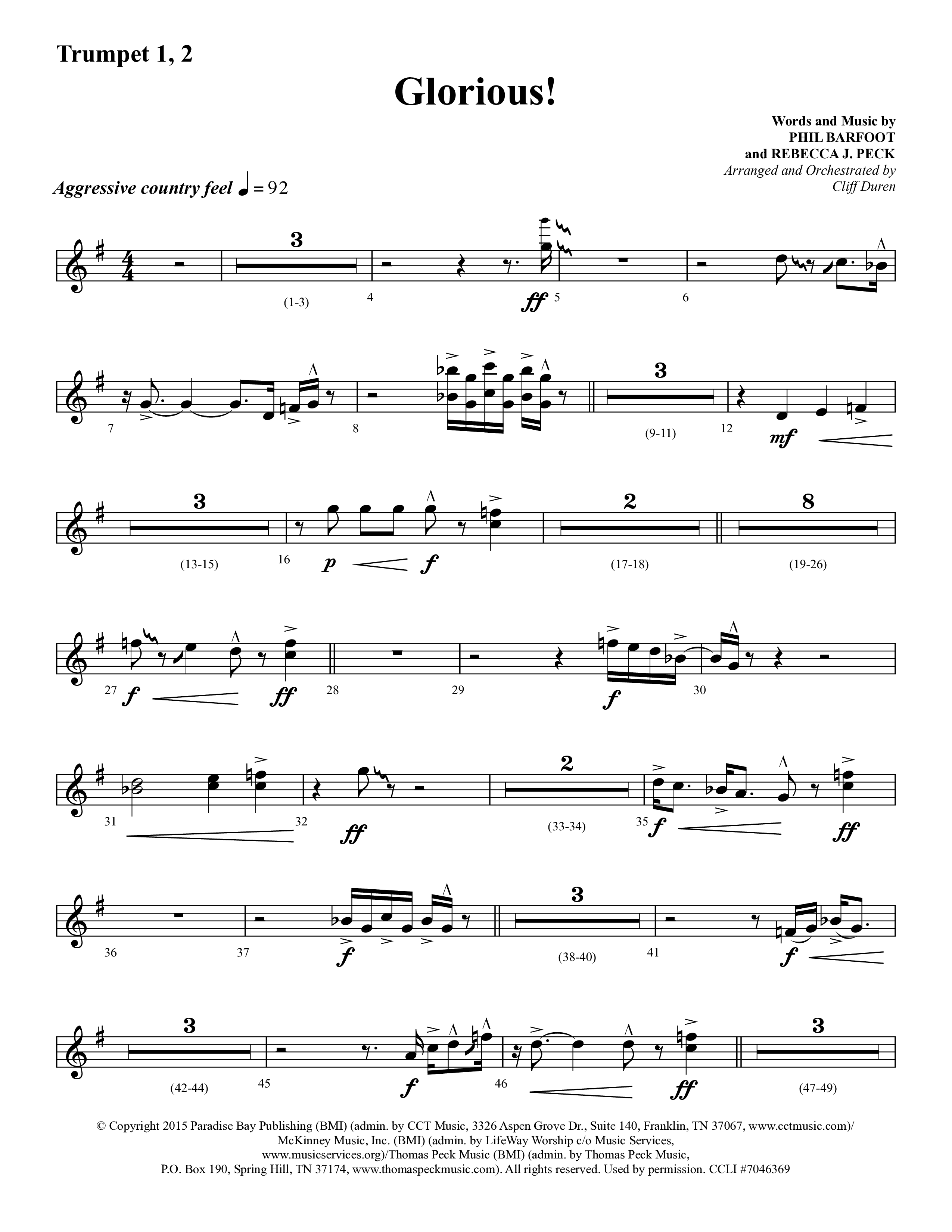 Glorious (Choral Anthem SATB) Trumpet 1,2 (Lifeway Choral / Arr. Cliff Duren)