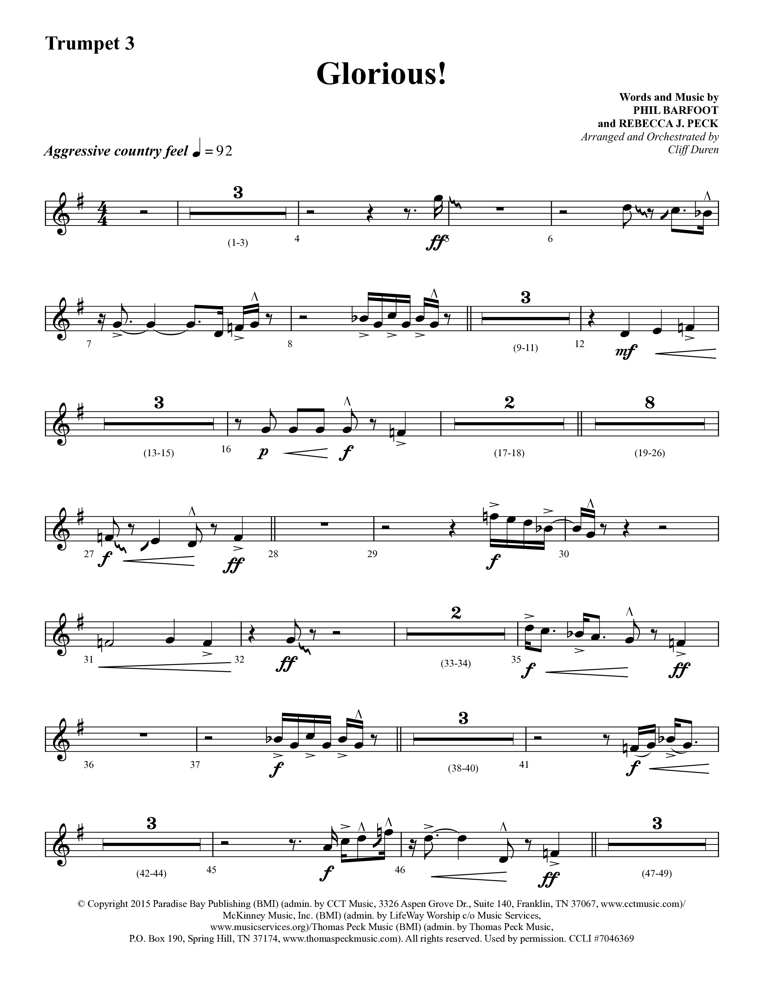 Glorious (Choral Anthem SATB) Trumpet 3 (Lifeway Choral / Arr. Cliff Duren)