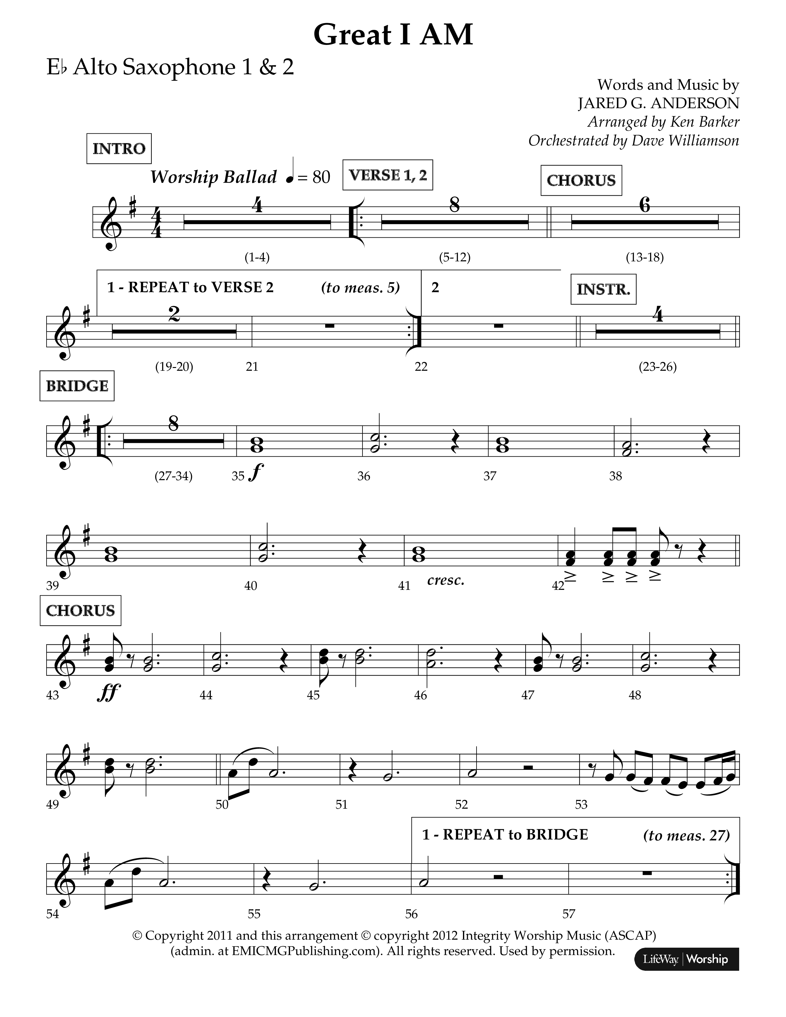 Great I Am (Choral Anthem SATB) Alto Sax (Lifeway Choral / Arr. Ken Barker / Orch. Dave Williamson)