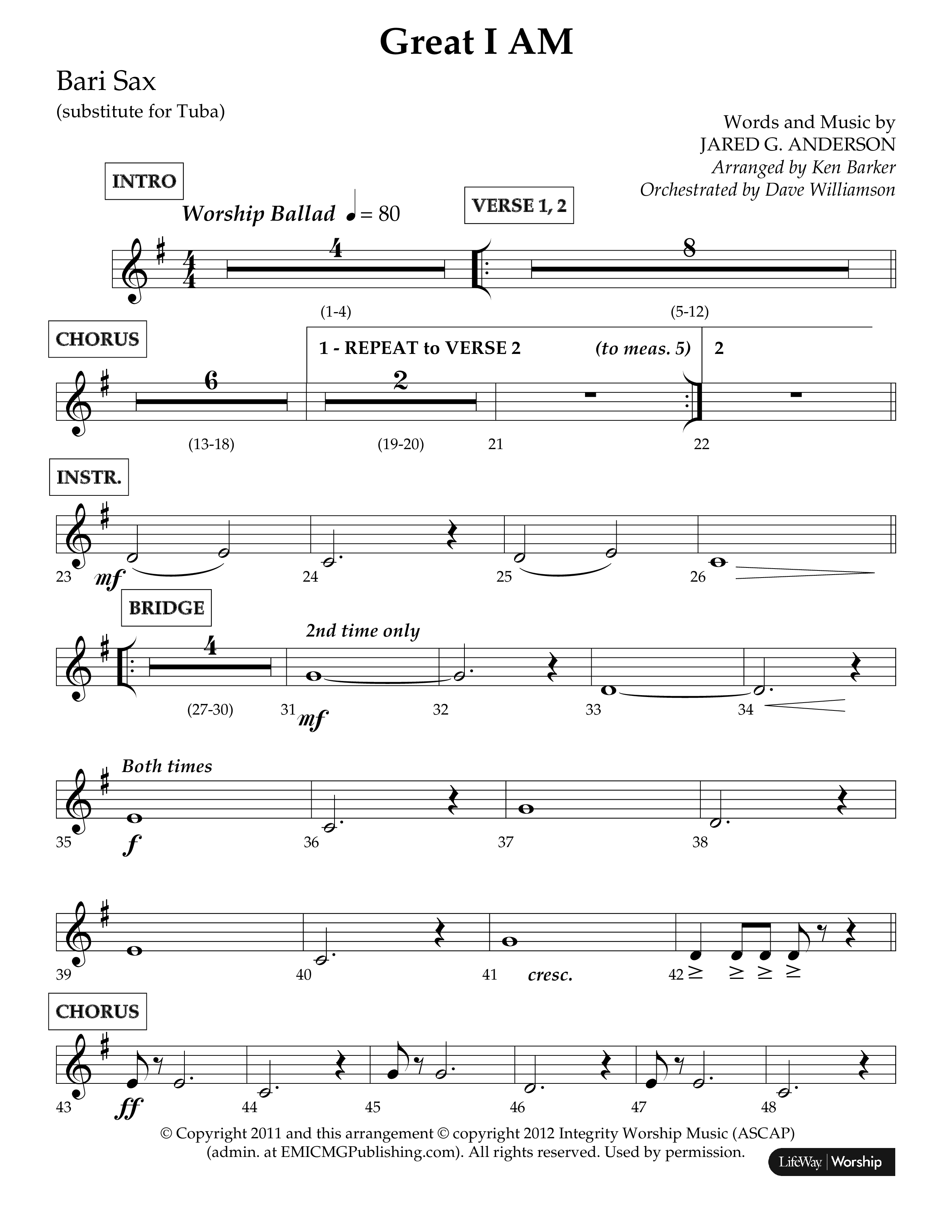 Great I Am (Choral Anthem SATB) Bari Sax (Lifeway Choral / Arr. Ken Barker / Orch. Dave Williamson)
