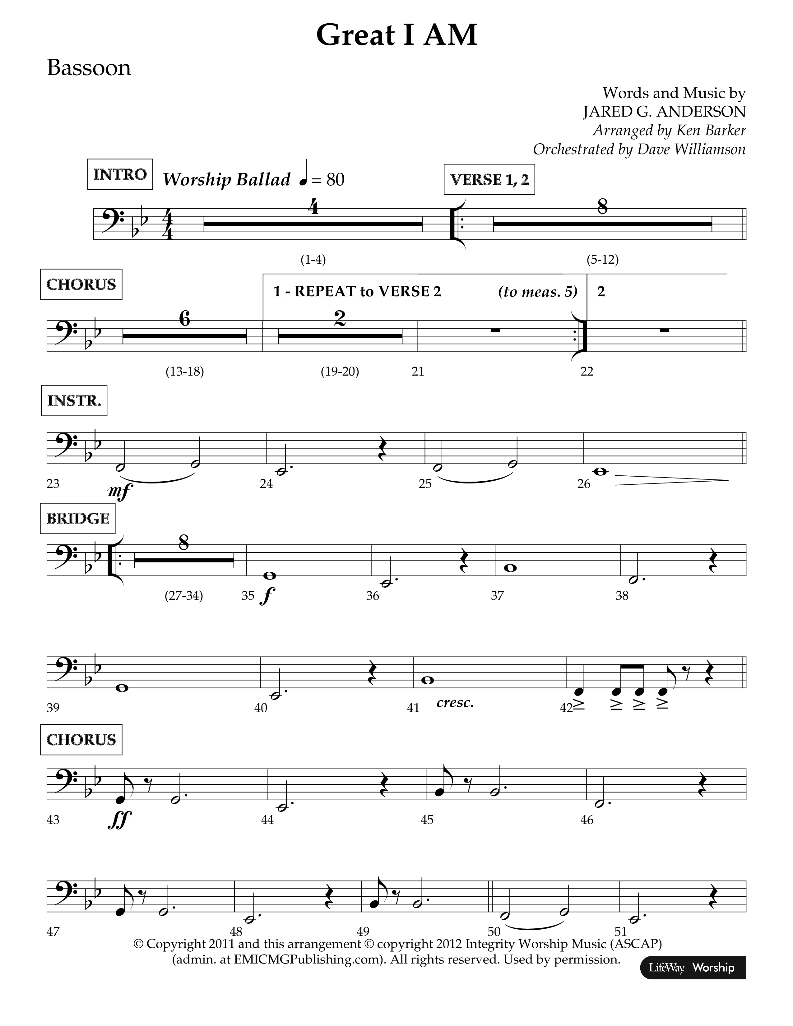 Great I Am (Choral Anthem SATB) Bassoon (Lifeway Choral / Arr. Ken Barker / Orch. Dave Williamson)