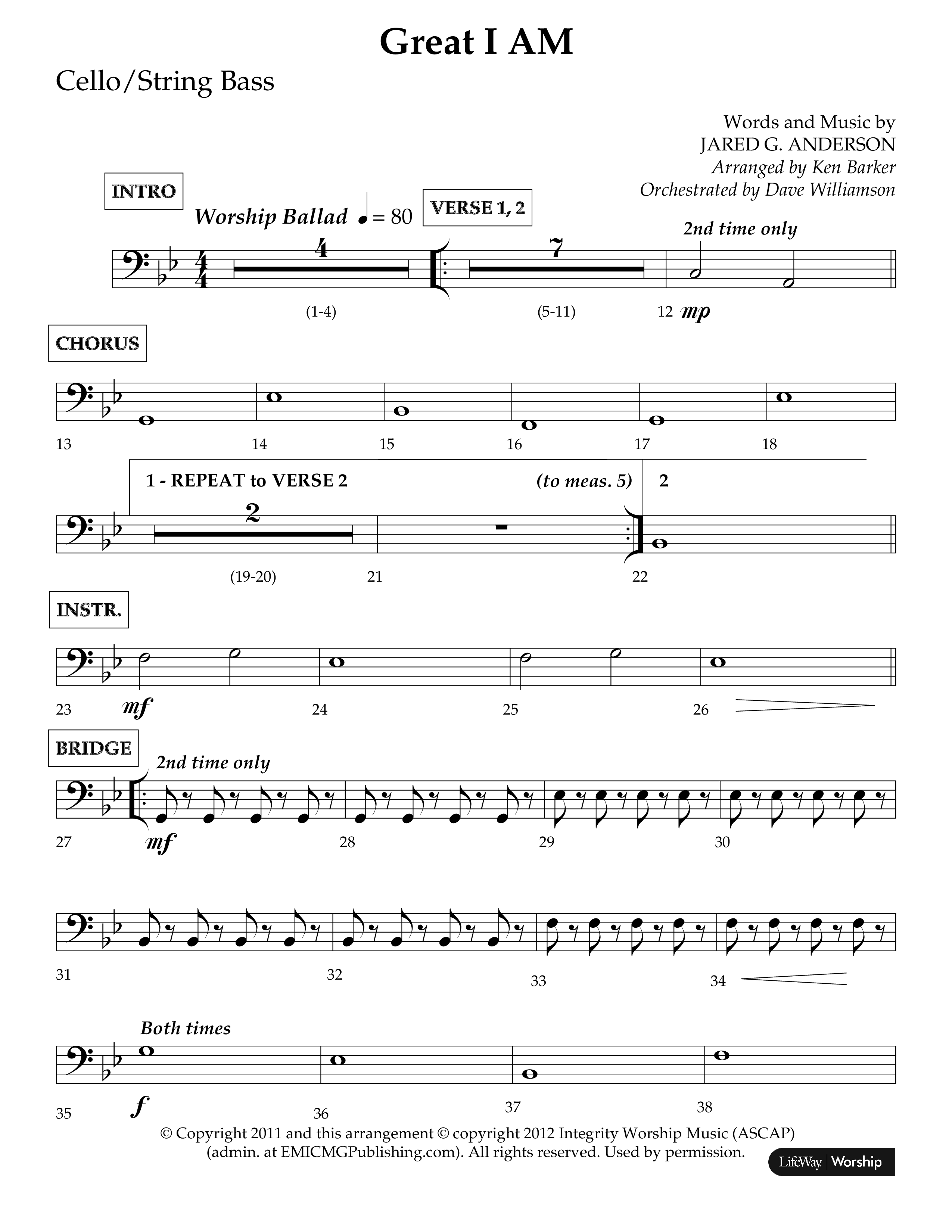 Great I Am (Choral Anthem SATB) Cello/Bass (Lifeway Choral / Arr. Ken Barker / Orch. Dave Williamson)