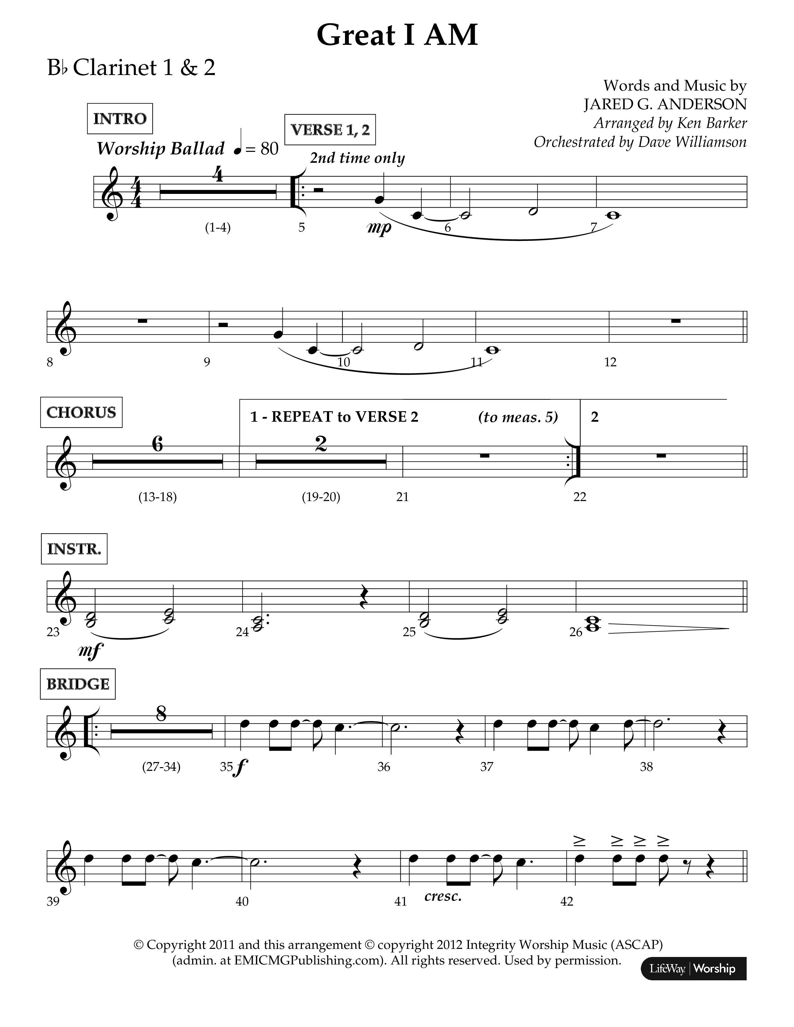 Great I Am (Choral Anthem SATB) Clarinet 1/2 (Lifeway Choral / Arr. Ken Barker / Orch. Dave Williamson)