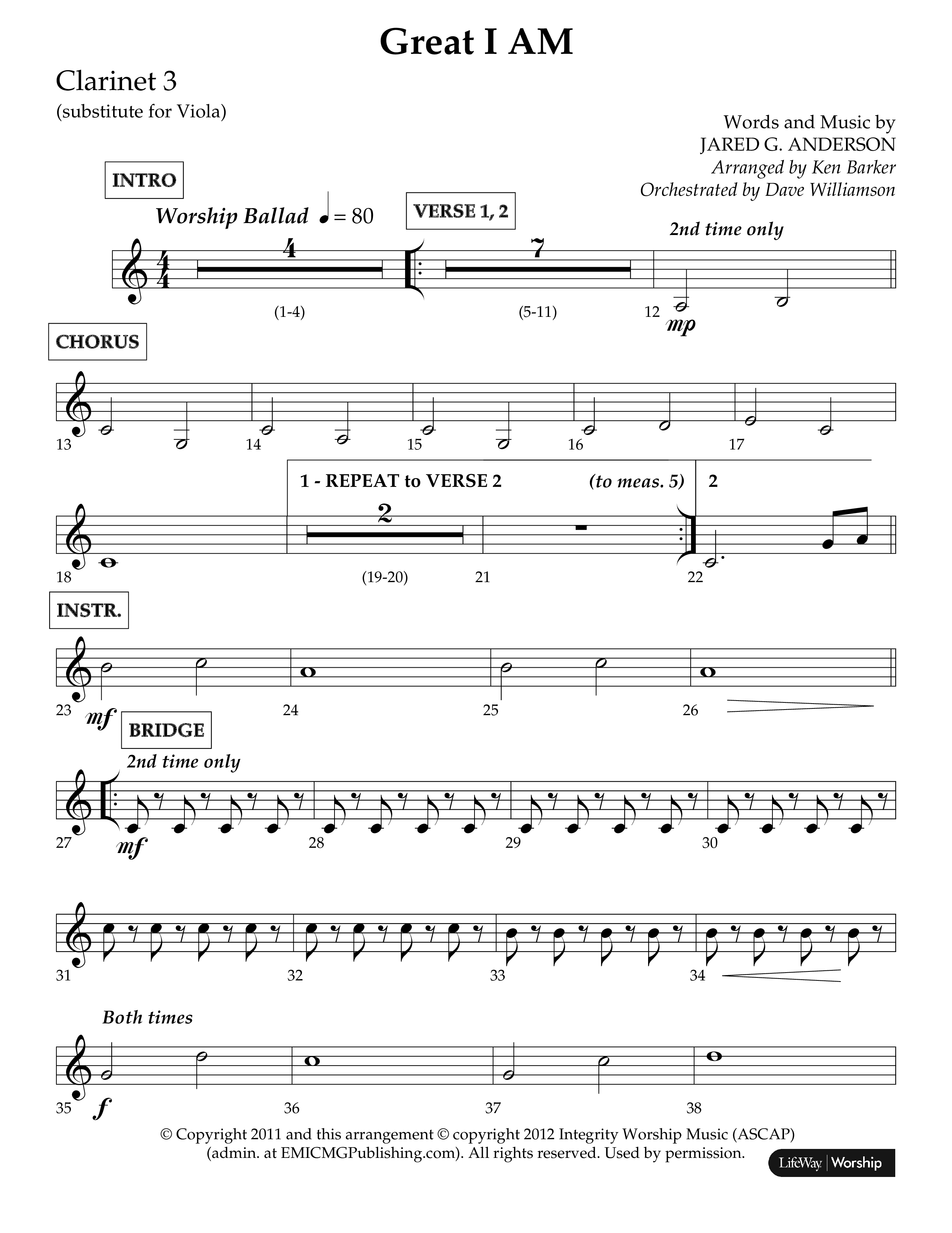 Great I Am (Choral Anthem SATB) Clarinet 3 (Lifeway Choral / Arr. Ken Barker / Orch. Dave Williamson)