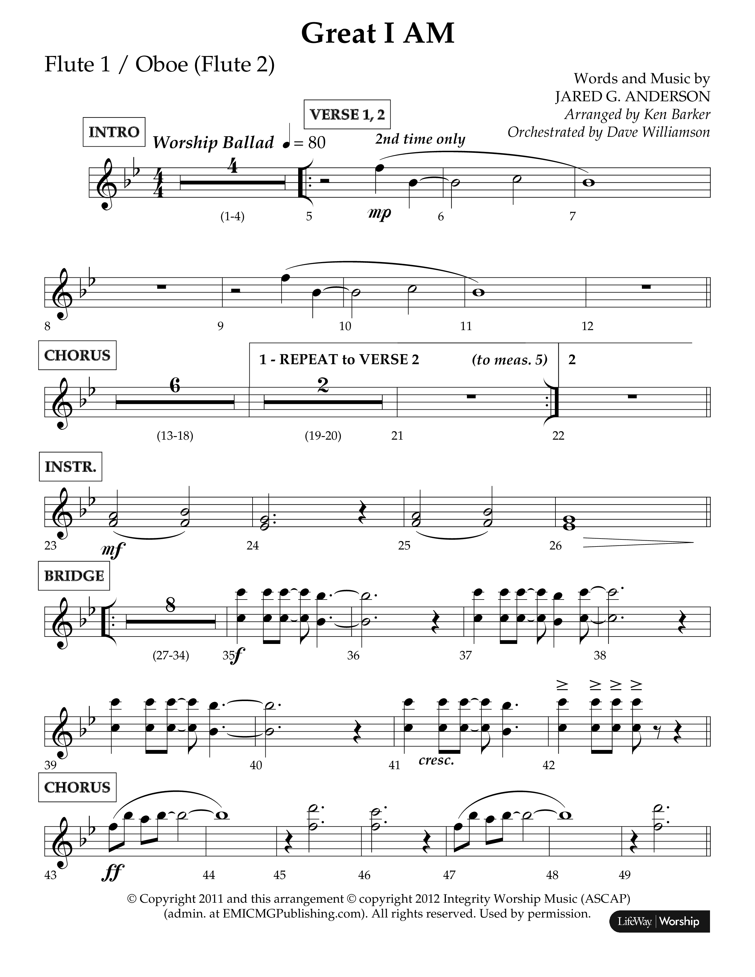Great I Am (Choral Anthem SATB) Flute (Lifeway Choral / Arr. Ken Barker / Orch. Dave Williamson)
