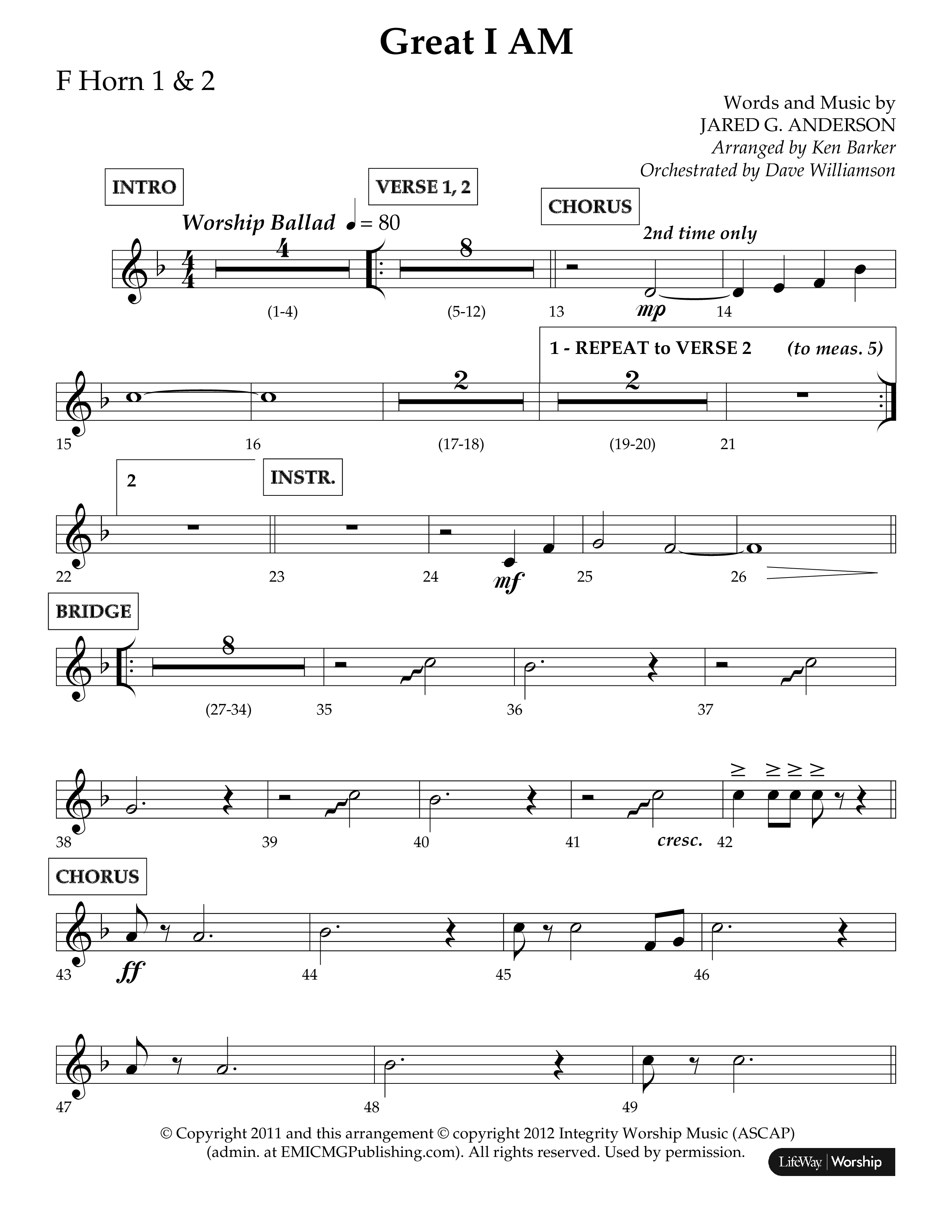 Great I Am (Choral Anthem SATB) French Horn 1/2 (Lifeway Choral / Arr. Ken Barker / Orch. Dave Williamson)