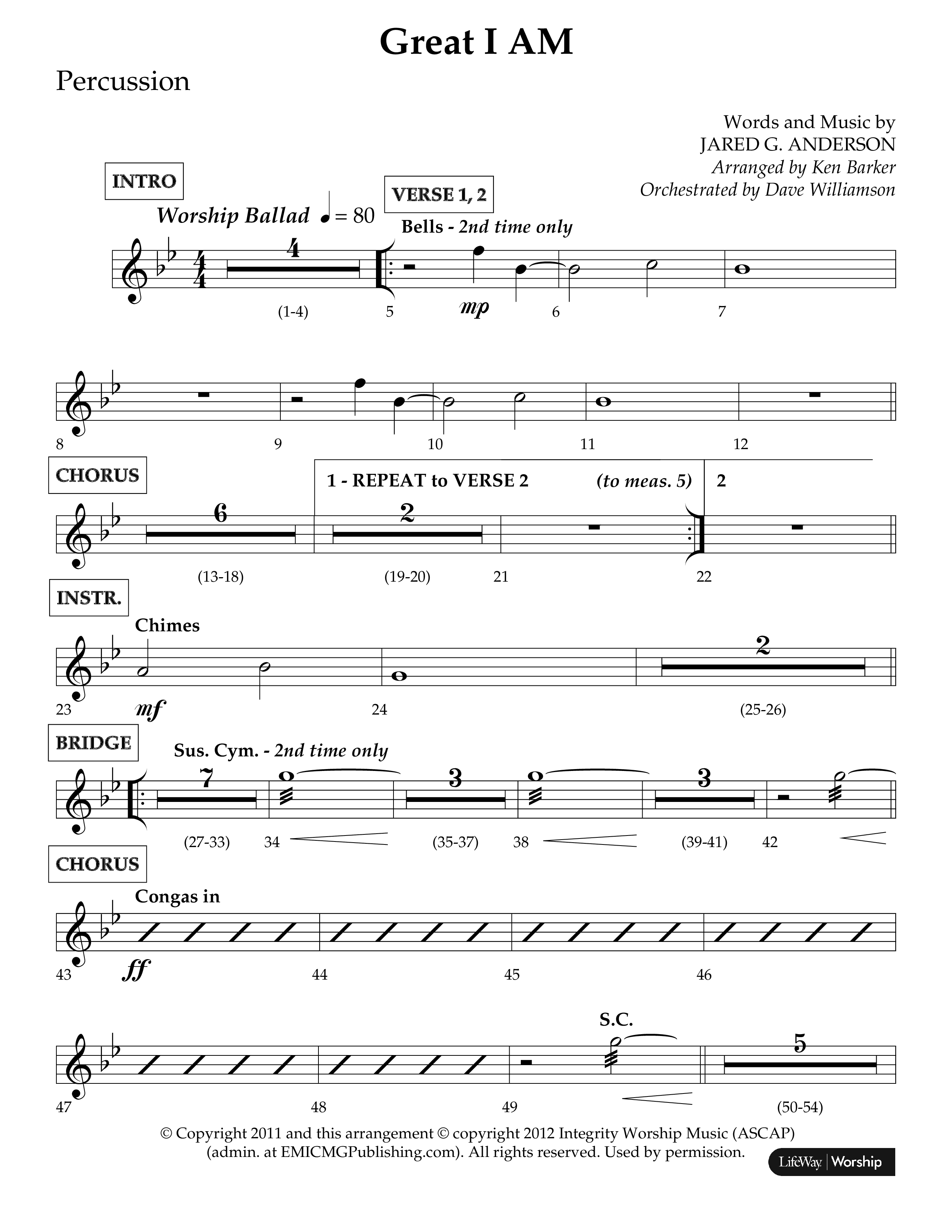 Great I Am (Choral Anthem SATB) Percussion (Lifeway Choral / Arr. Ken Barker / Orch. Dave Williamson)