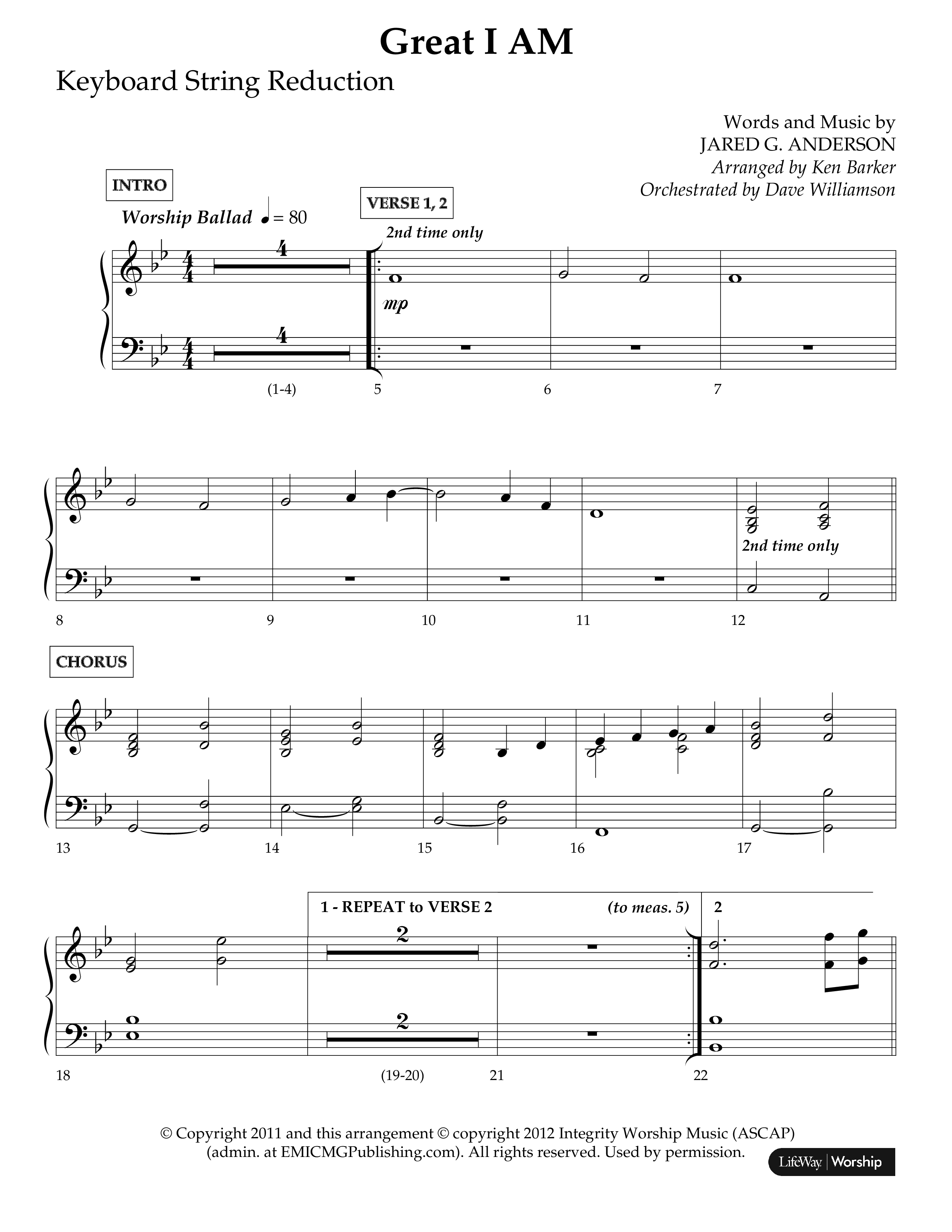 Great I Am (Choral Anthem SATB) String Reduction (Lifeway Choral / Arr. Ken Barker / Orch. Dave Williamson)
