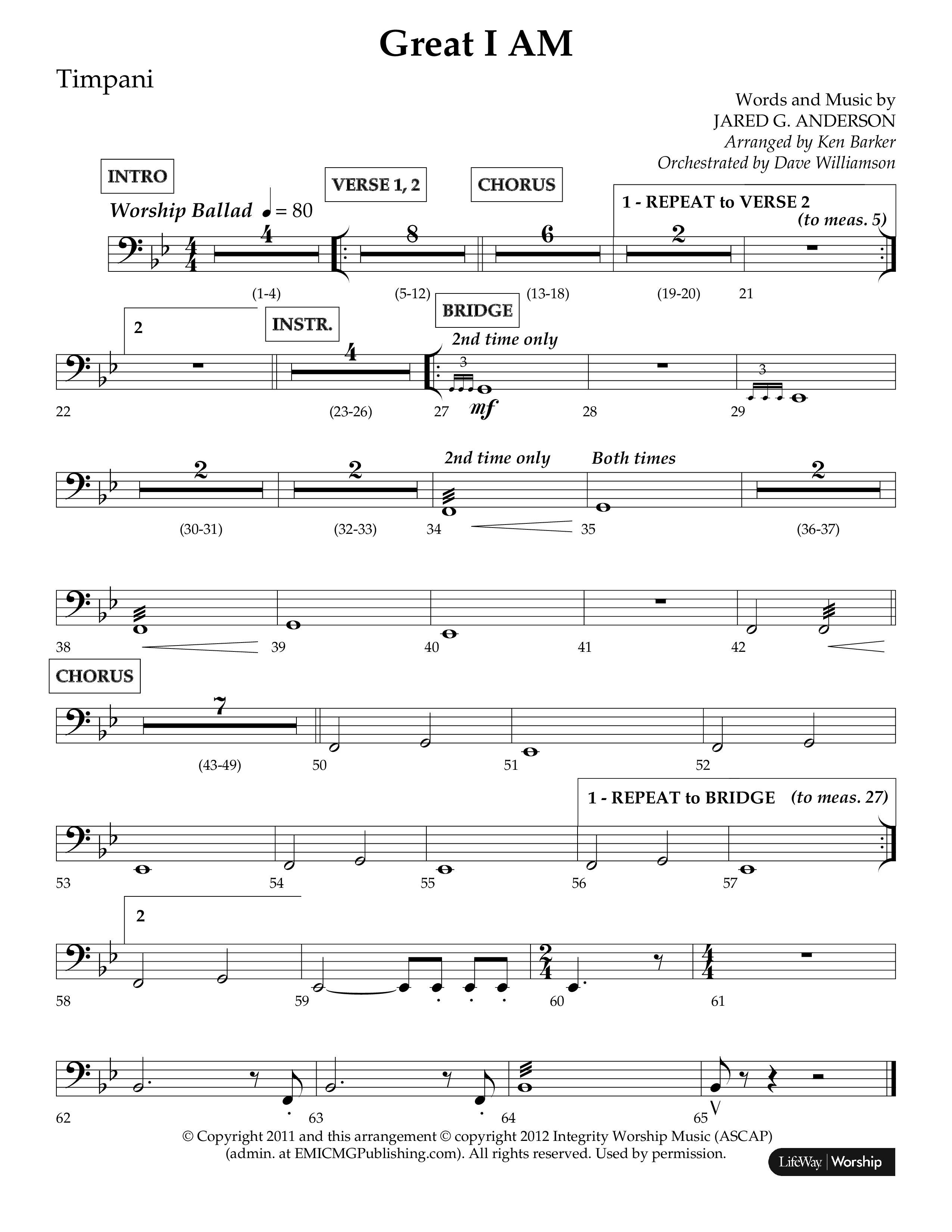 Great I Am (Choral Anthem SATB) Timpani (Lifeway Choral / Arr. Ken Barker / Orch. Dave Williamson)