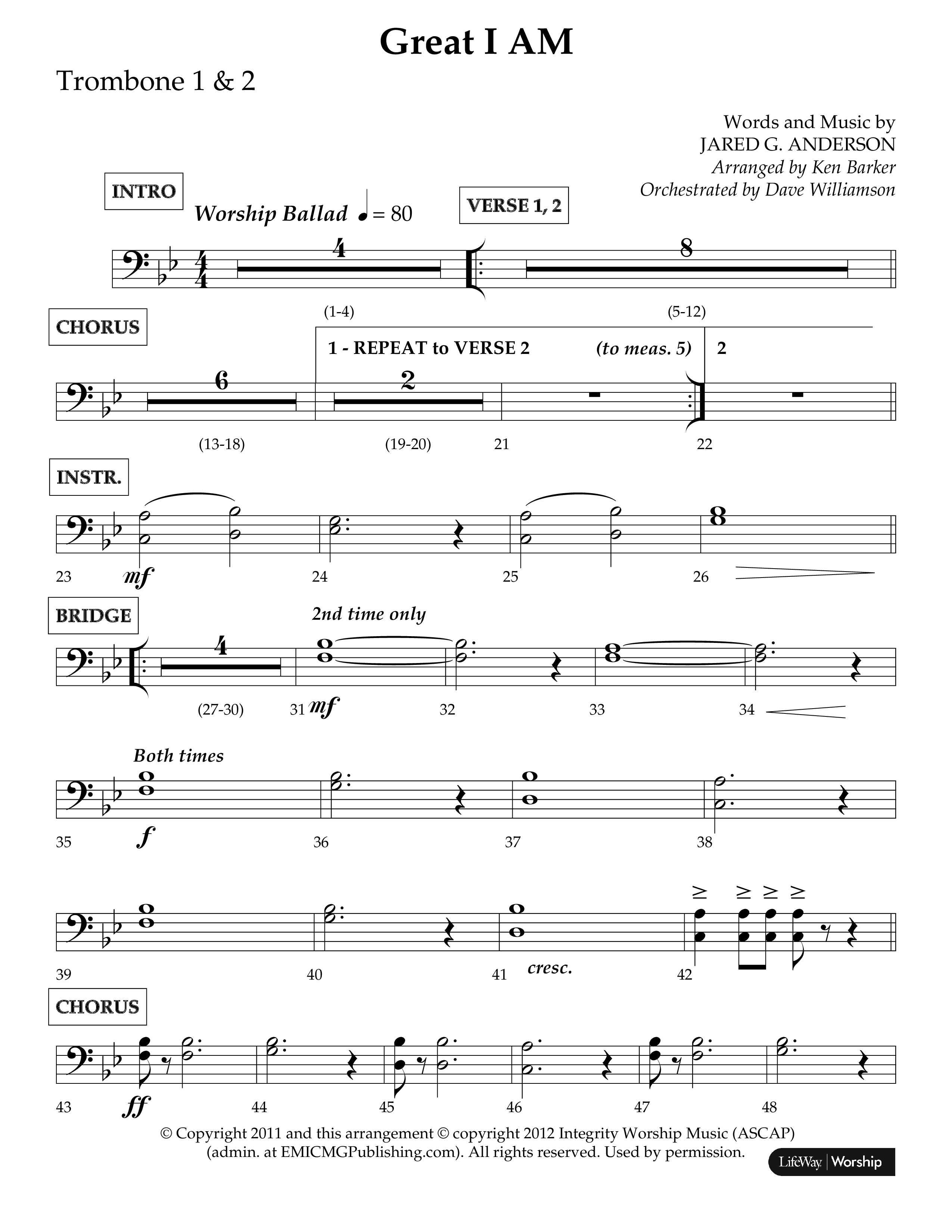 Great I Am (Choral Anthem SATB) Trombone 1/2 (Lifeway Choral / Arr. Ken Barker / Orch. Dave Williamson)