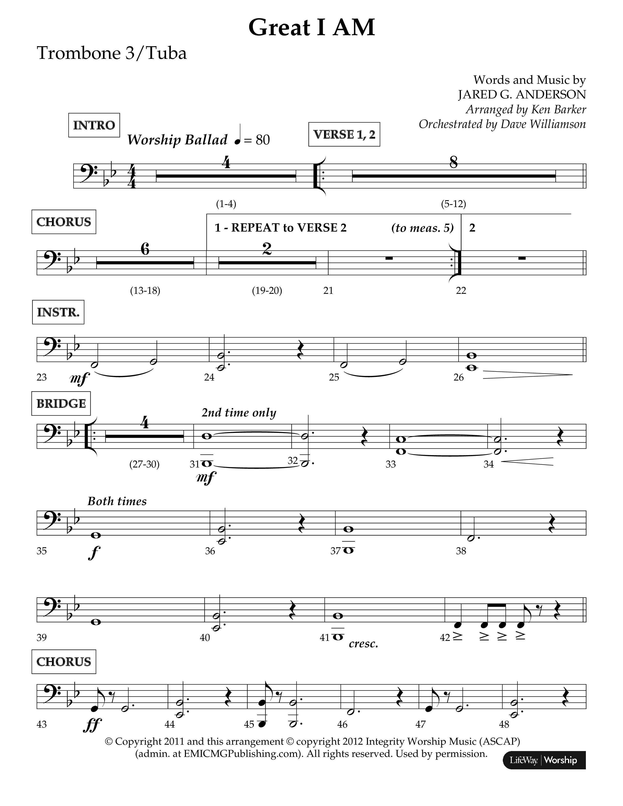 Great I Am (Choral Anthem SATB) Trombone 3/Tuba (Lifeway Choral / Arr. Ken Barker / Orch. Dave Williamson)