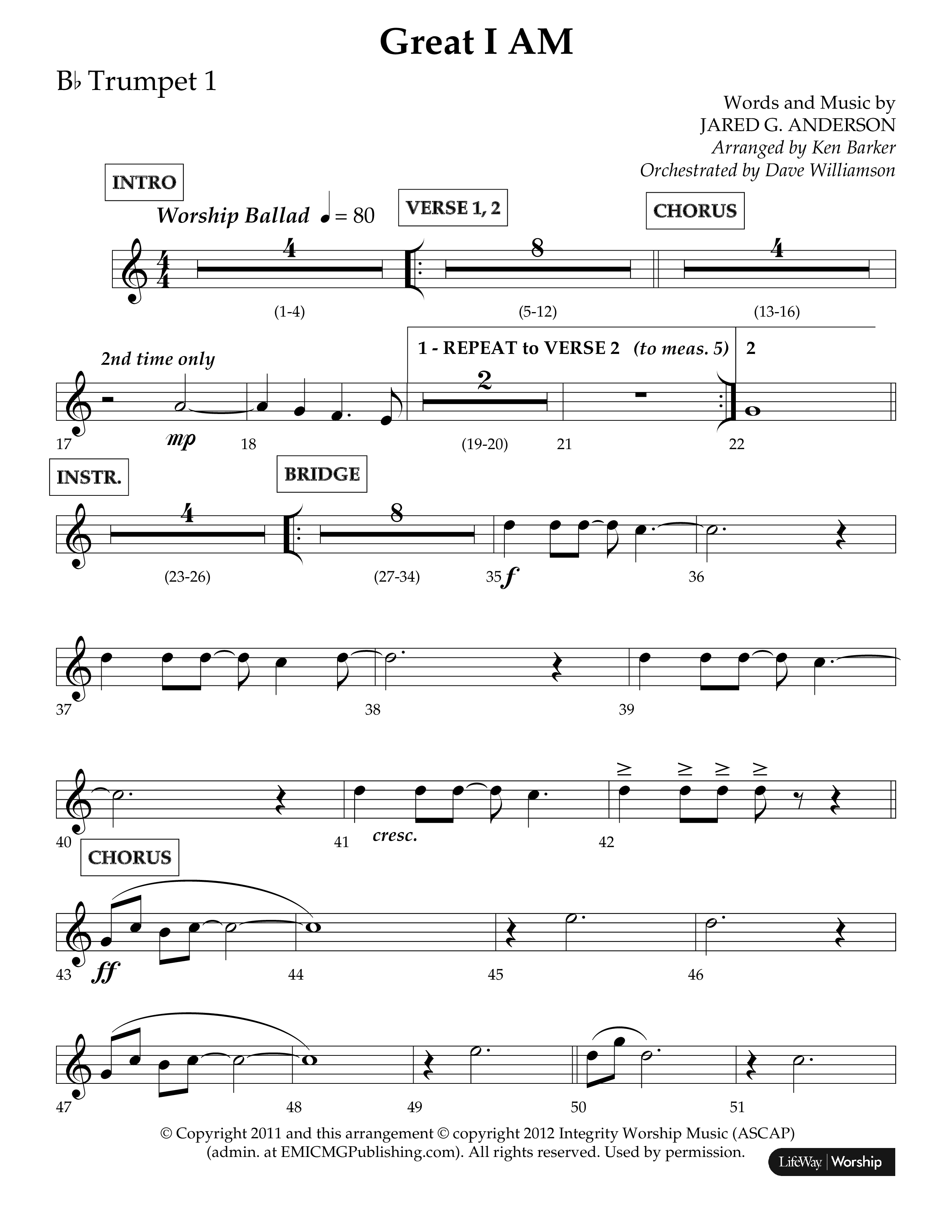 Great I Am (Choral Anthem SATB) Trumpet 1 (Lifeway Choral / Arr. Ken Barker / Orch. Dave Williamson)