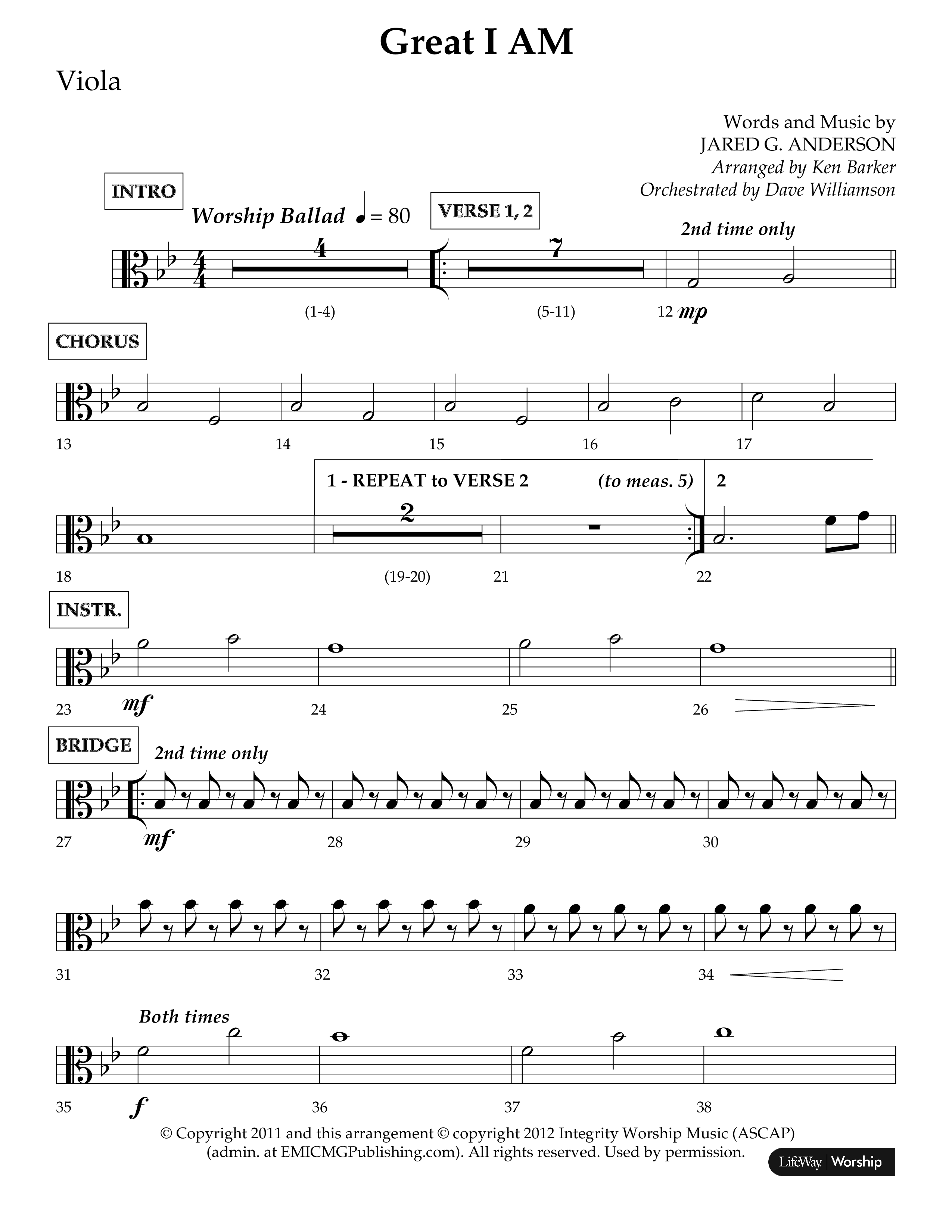 Great I Am (Choral Anthem SATB) Viola (Lifeway Choral / Arr. Ken Barker / Orch. Dave Williamson)