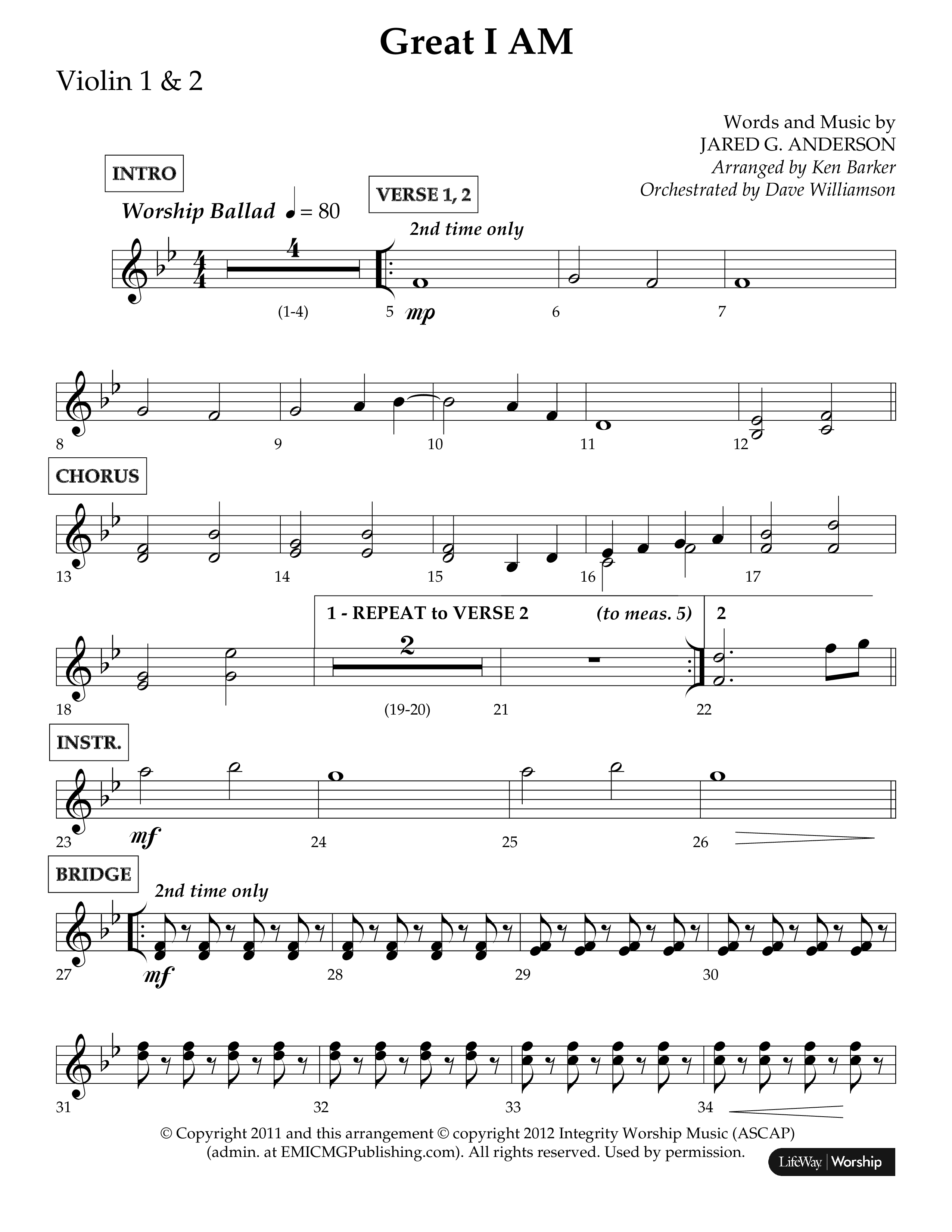 Great I Am (Choral Anthem SATB) Violin 1/2 (Lifeway Choral / Arr. Ken Barker / Orch. Dave Williamson)