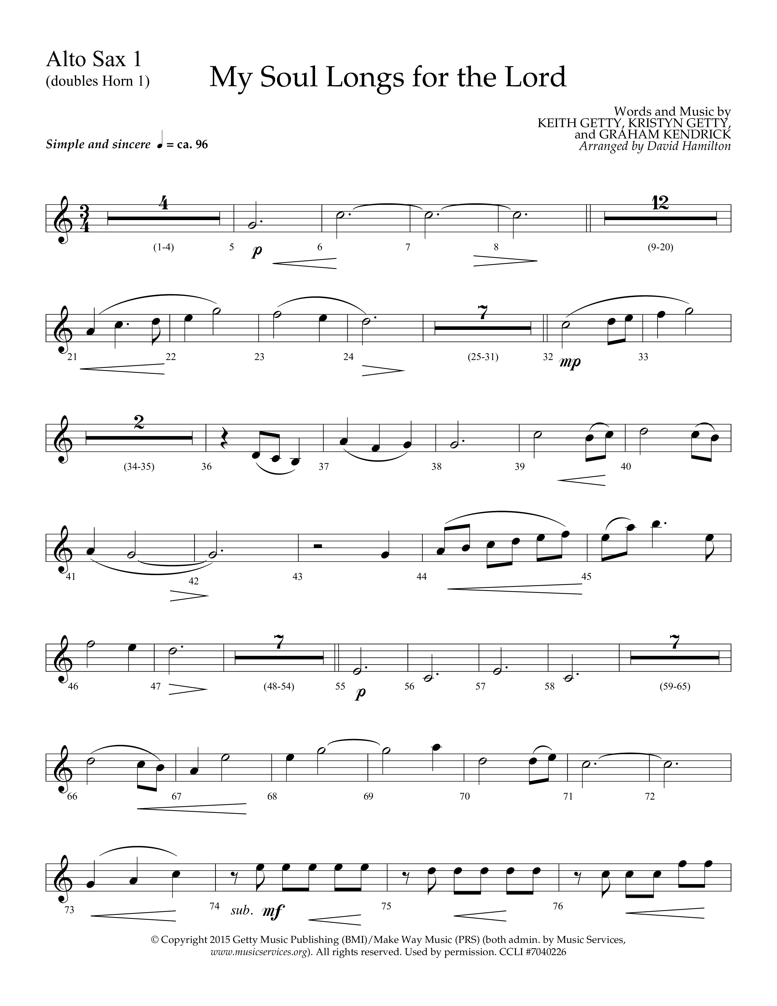 My Soul Longs For The Lord (Choral Anthem SATB) Alto Sax (Lifeway Choral / Arr. David Hamilton)