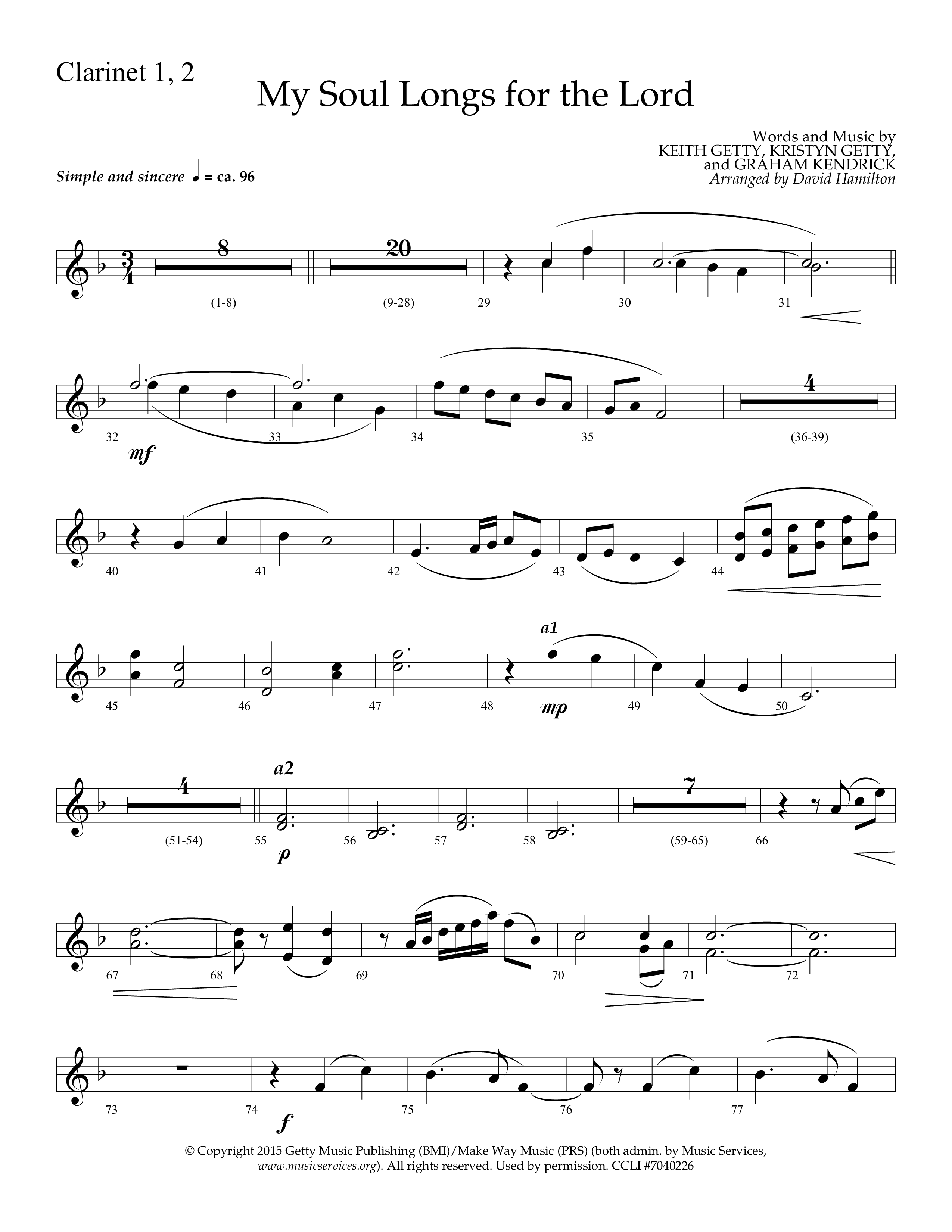 My Soul Longs For The Lord (Choral Anthem SATB) Clarinet 1/2 (Lifeway Choral / Arr. David Hamilton)