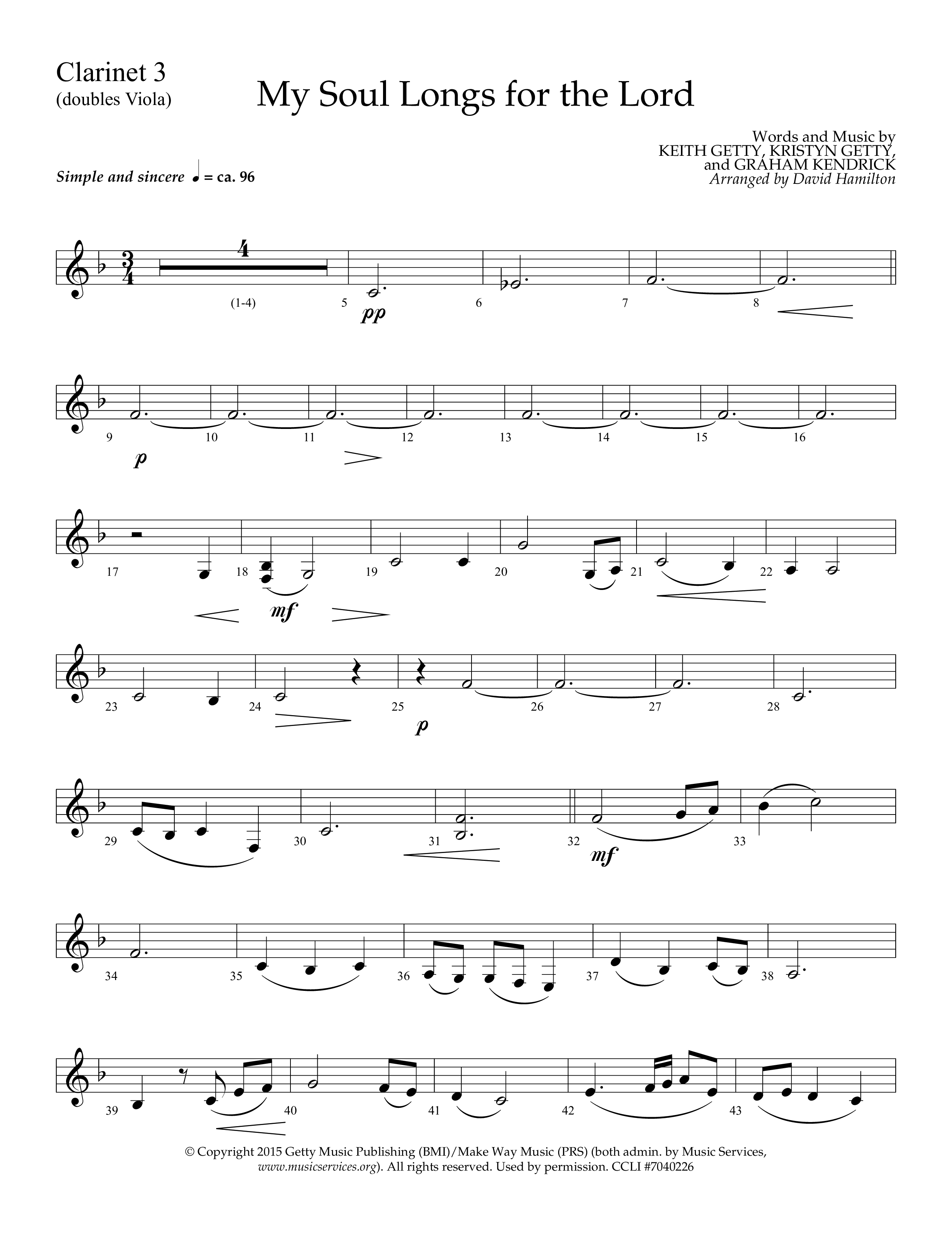 My Soul Longs For The Lord (Choral Anthem SATB) Clarinet 3 (Lifeway Choral / Arr. David Hamilton)