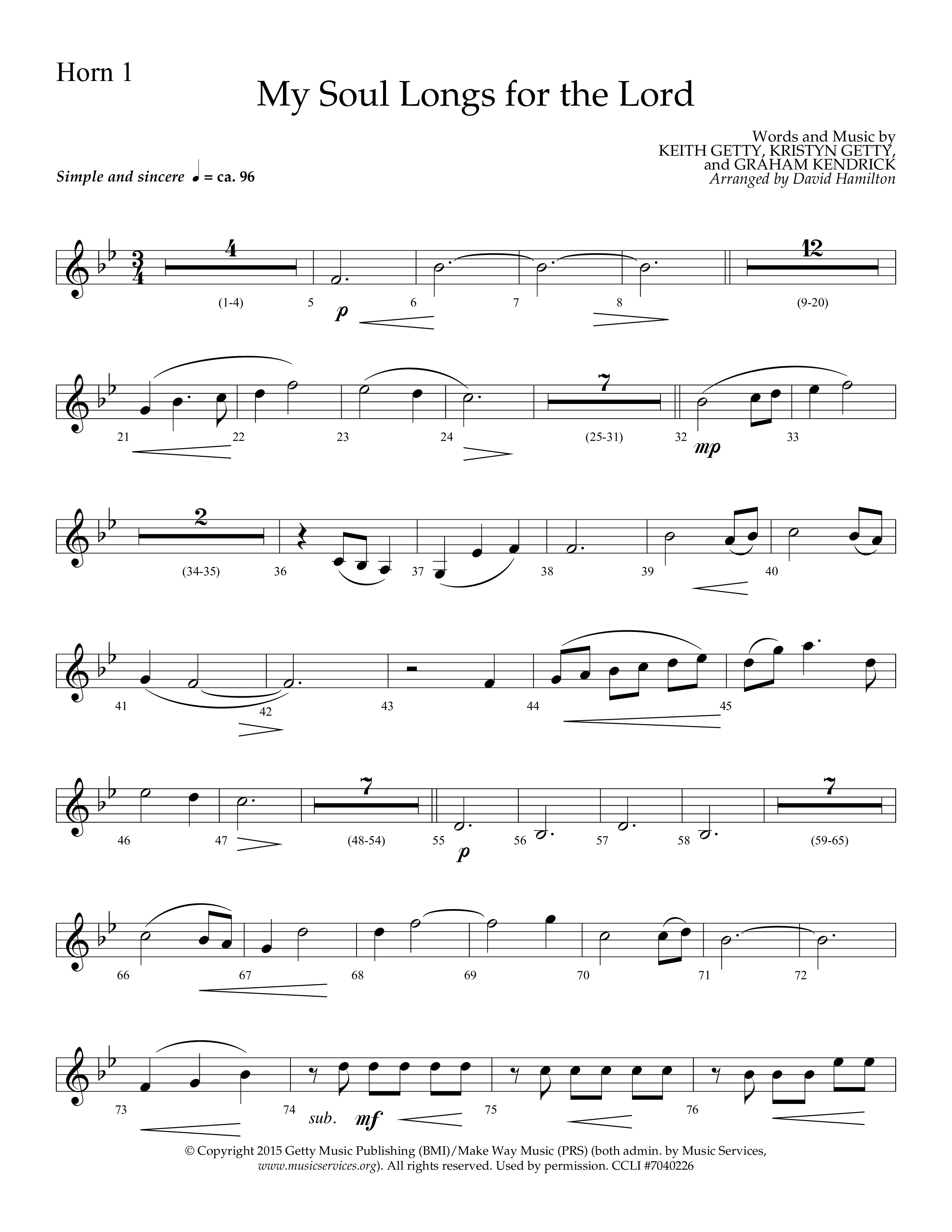 My Soul Longs For The Lord (Choral Anthem SATB) French Horn 1 (Lifeway Choral / Arr. David Hamilton)