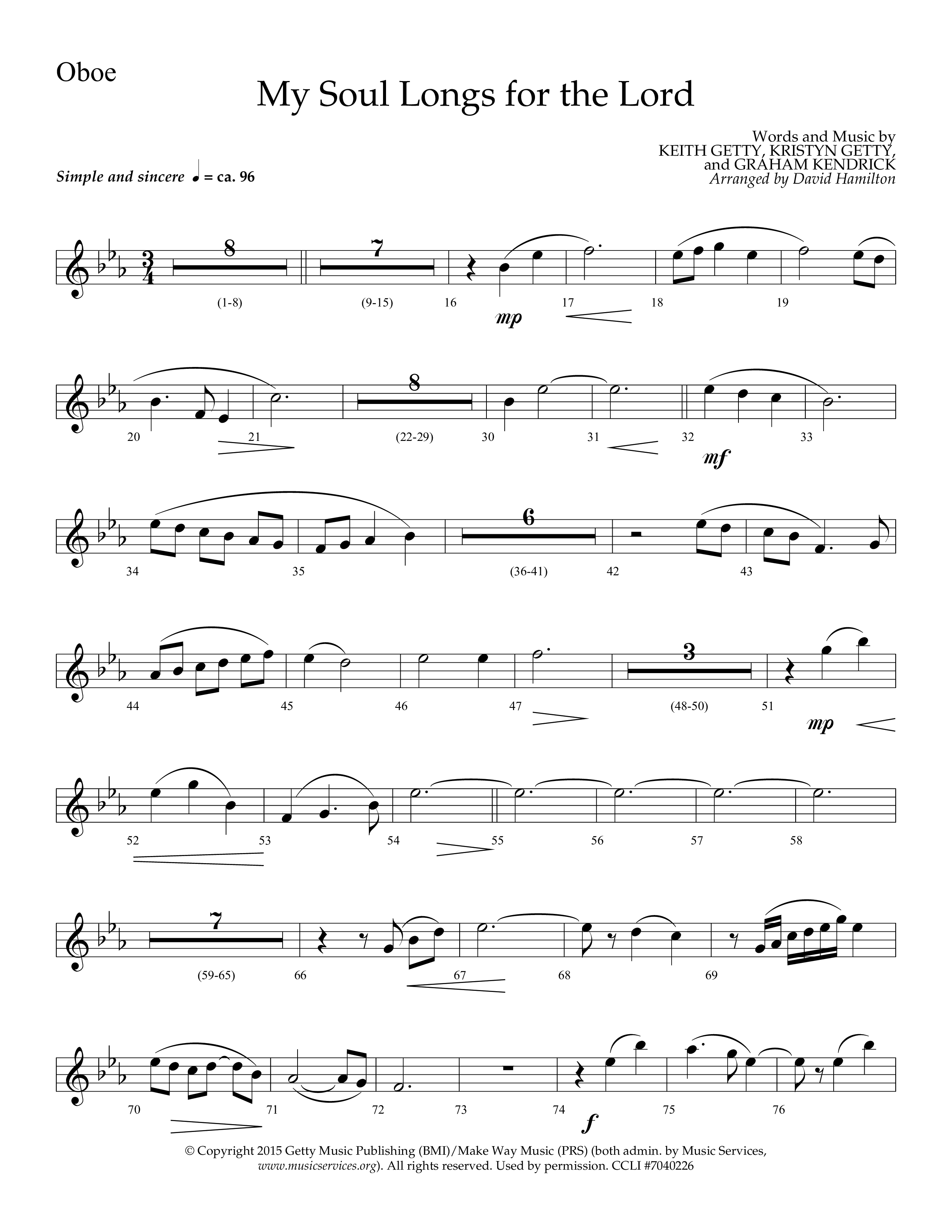 My Soul Longs For The Lord (Choral Anthem SATB) Oboe (Lifeway Choral / Arr. David Hamilton)