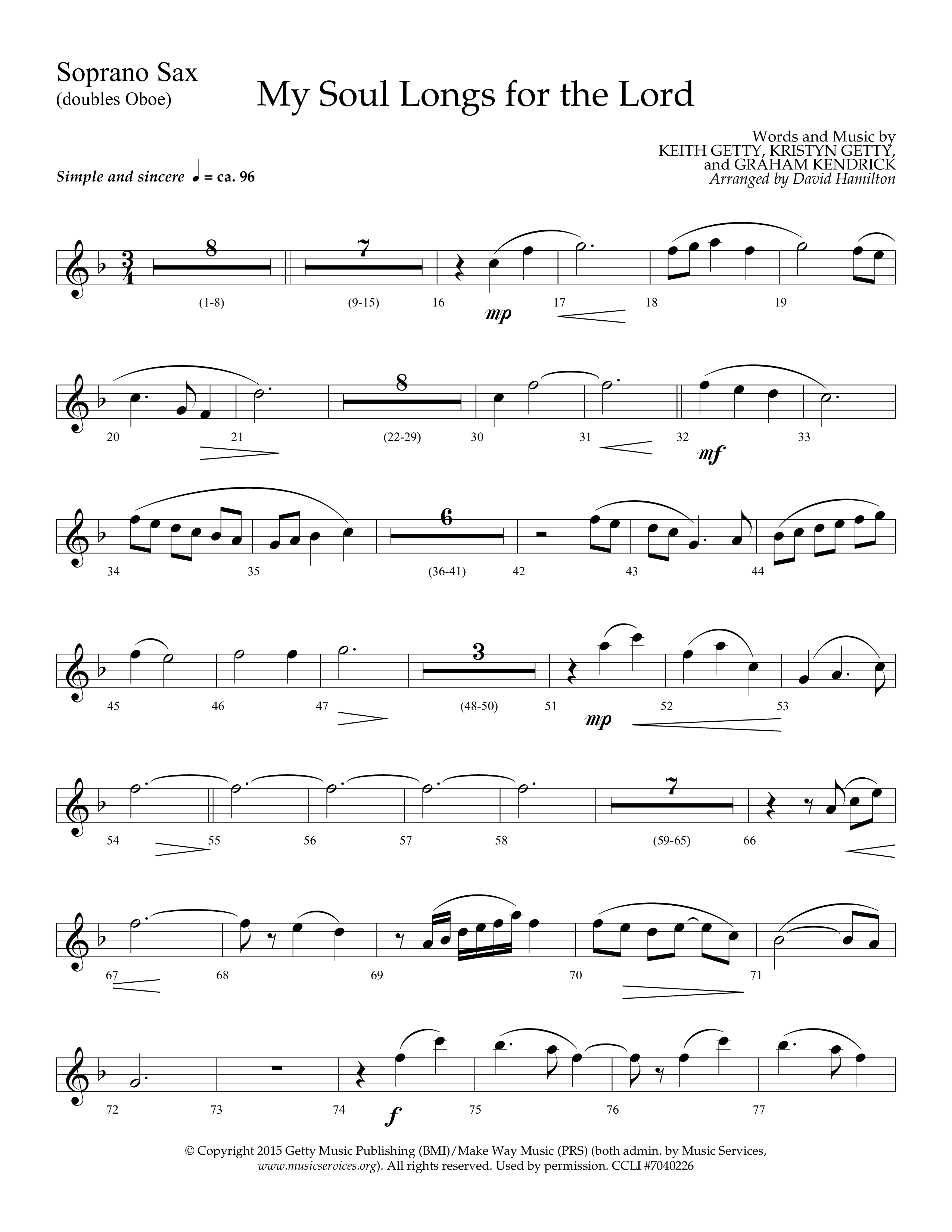 My Soul Longs For The Lord (Choral Anthem SATB) Soprano Sax (Lifeway Choral / Arr. David Hamilton)