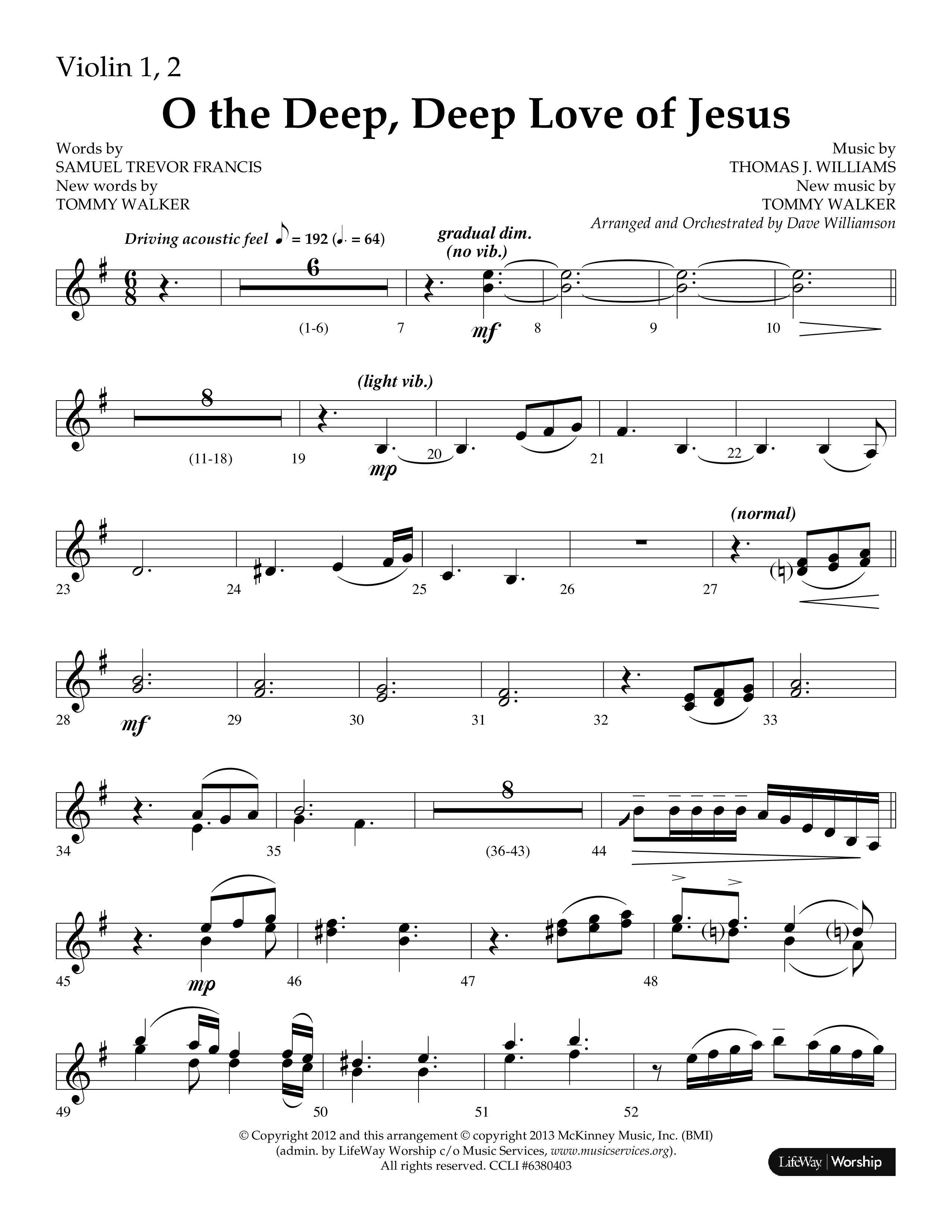 O The Deep Deep Love Of Jesus (Choral Anthem SATB) Violin 1/2 (Lifeway Choral / Arr. Dave Williamson)