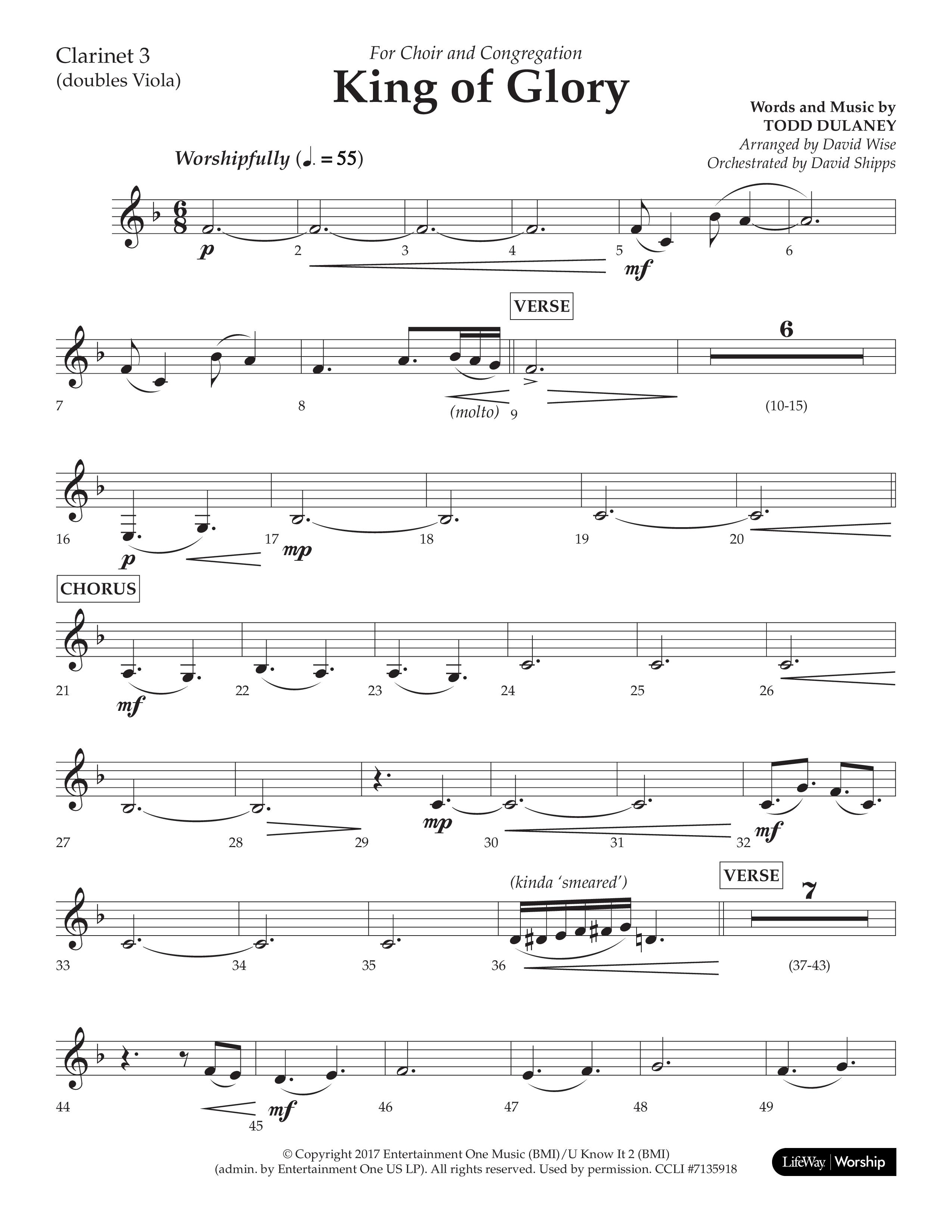 King Of Glory (Choral Anthem SATB) Clarinet 3 (Lifeway Choral / Arr. David Wise / Orch. David Shipps)