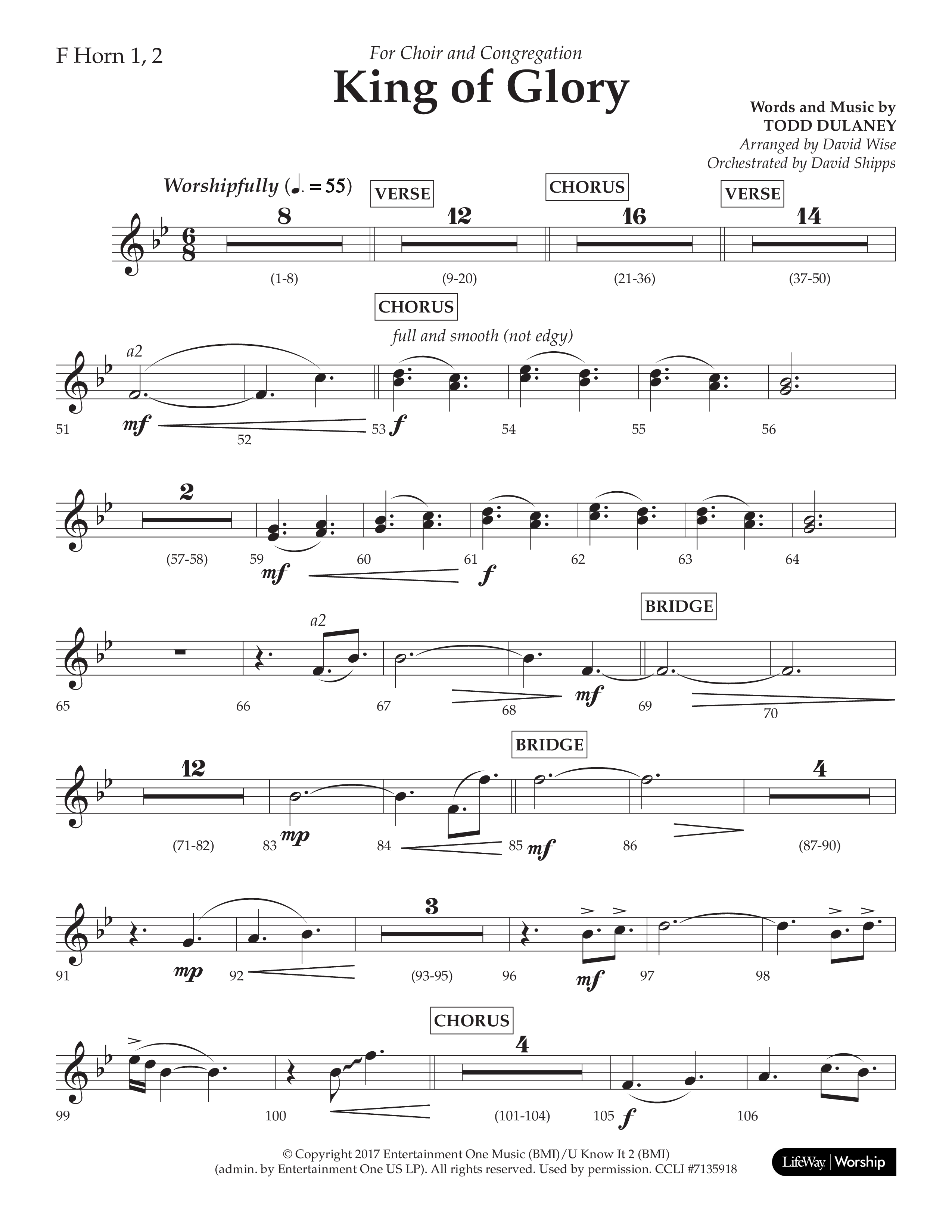King Of Glory (Choral Anthem SATB) French Horn 1/2 (Lifeway Choral / Arr. David Wise / Orch. David Shipps)