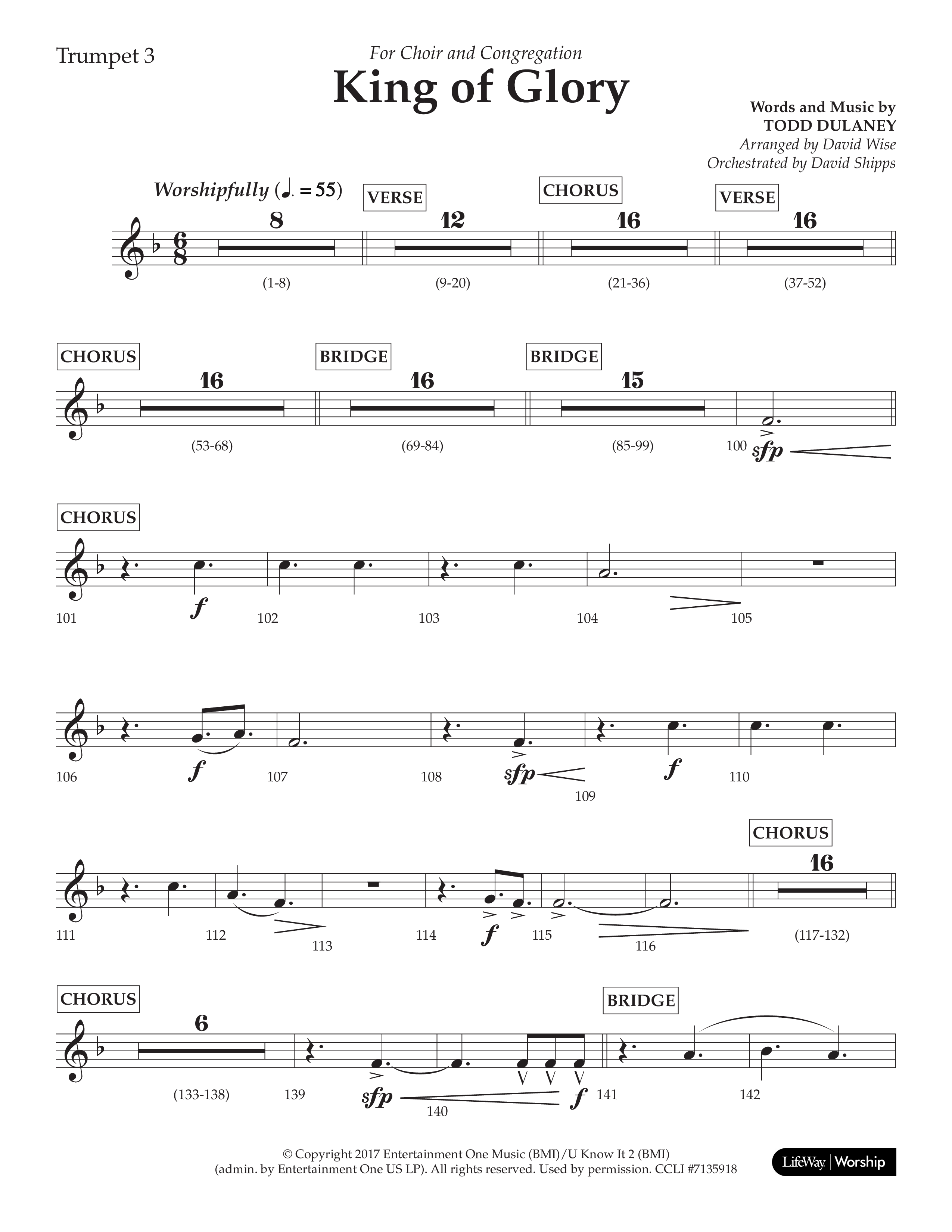King Of Glory (Choral Anthem SATB) Trumpet 3 (Lifeway Choral / Arr. David Wise / Orch. David Shipps)
