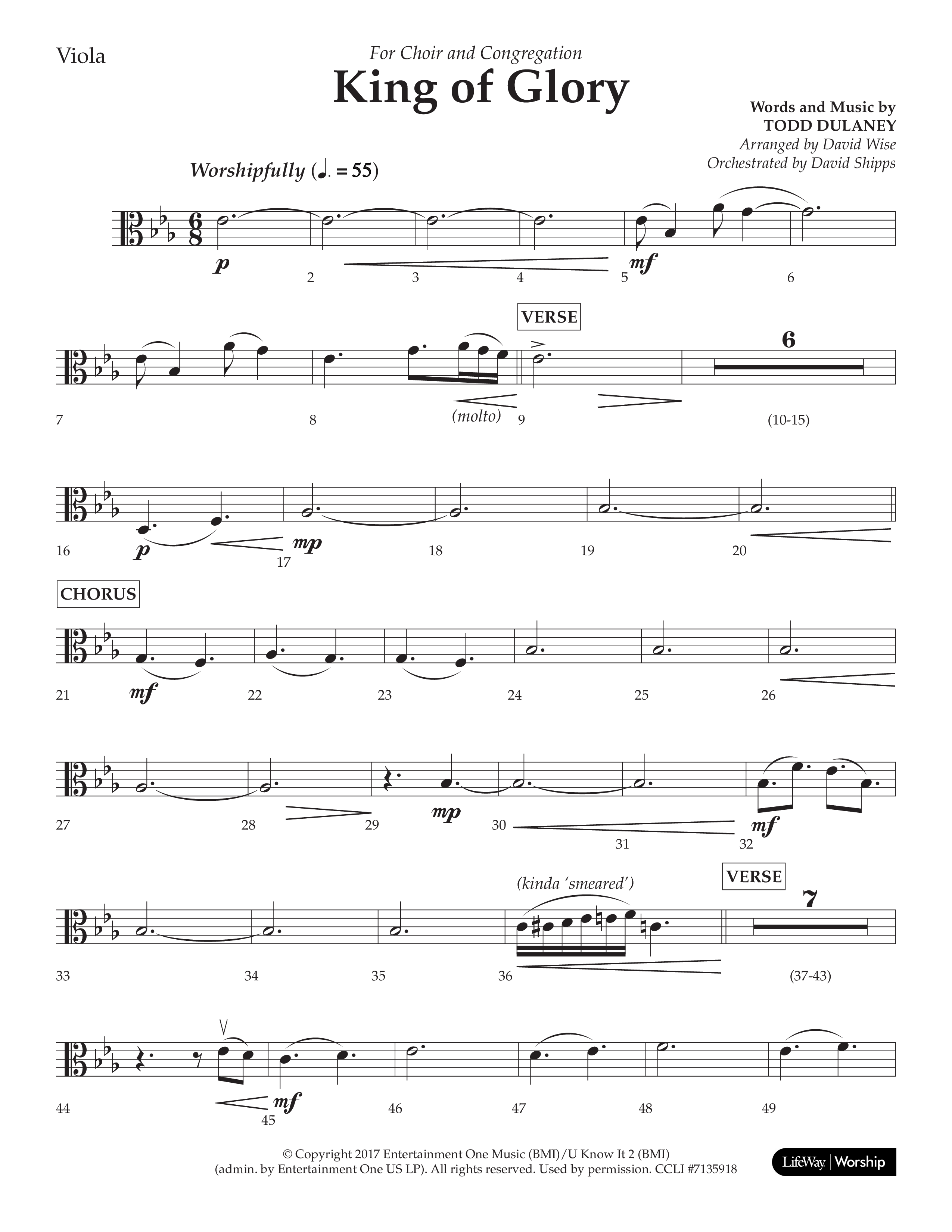 King Of Glory (Choral Anthem SATB) Viola (Lifeway Choral / Arr. David Wise / Orch. David Shipps)