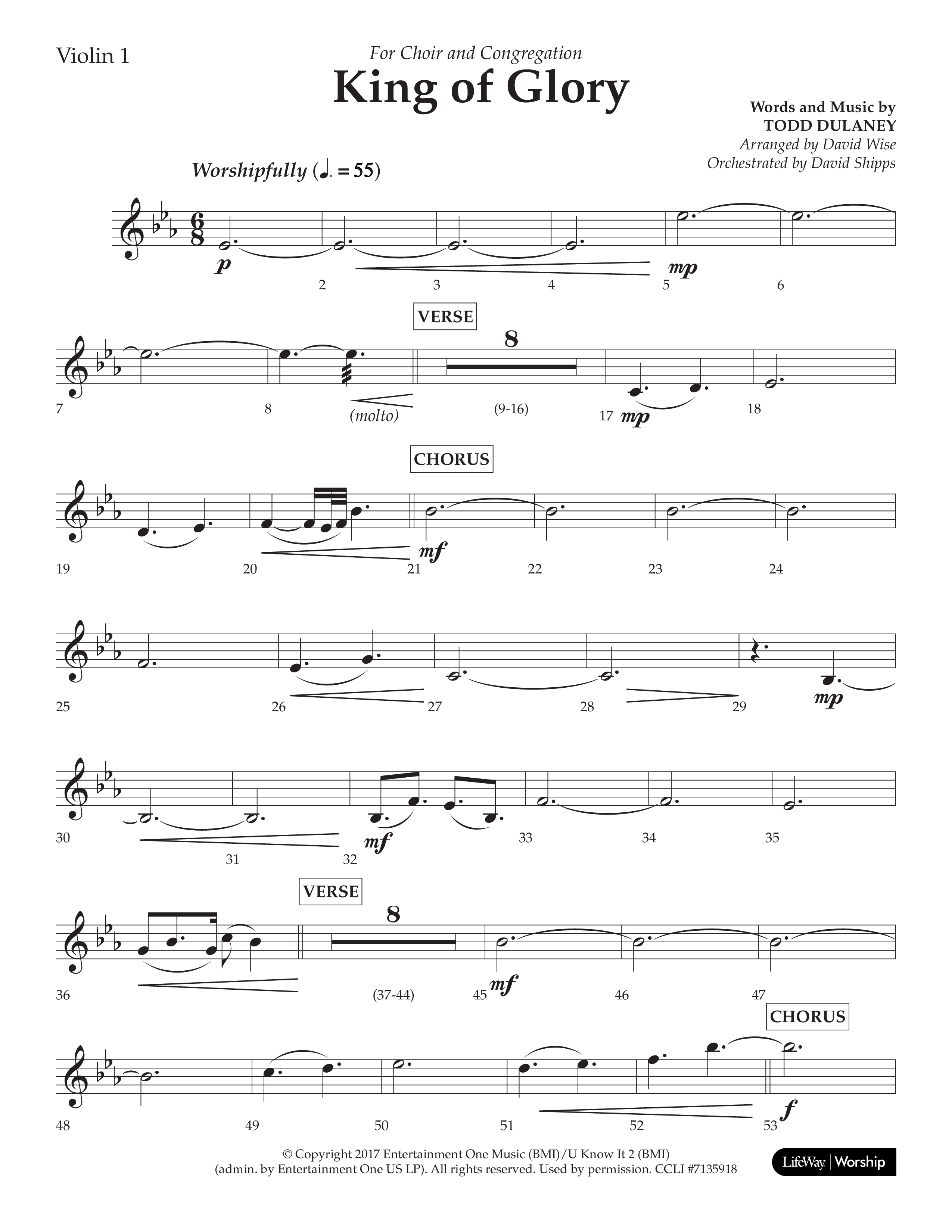 King Of Glory (Choral Anthem SATB) Violin 1 (Lifeway Choral / Arr. David Wise / Orch. David Shipps)
