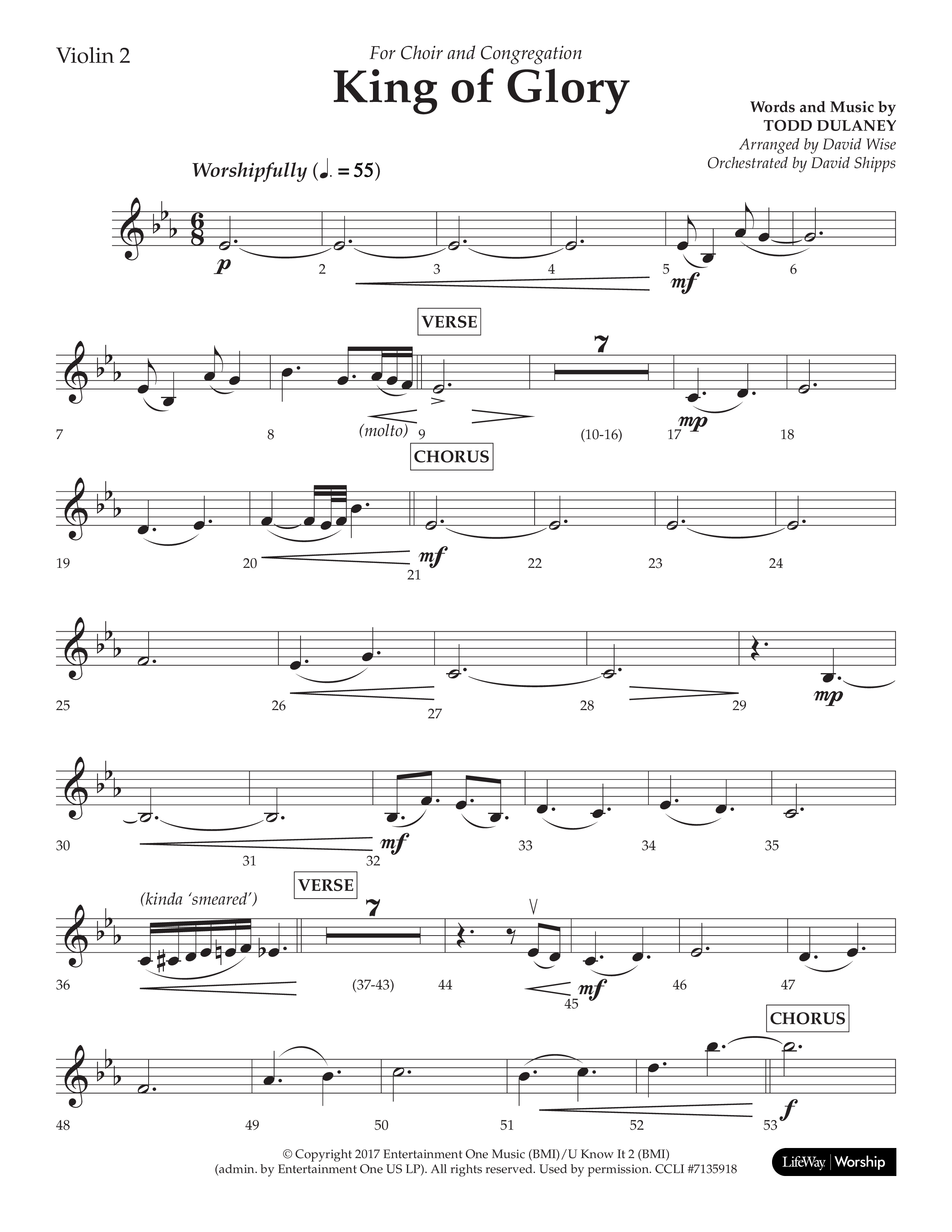King Of Glory (Choral Anthem SATB) Violin 2 (Lifeway Choral / Arr. David Wise / Orch. David Shipps)