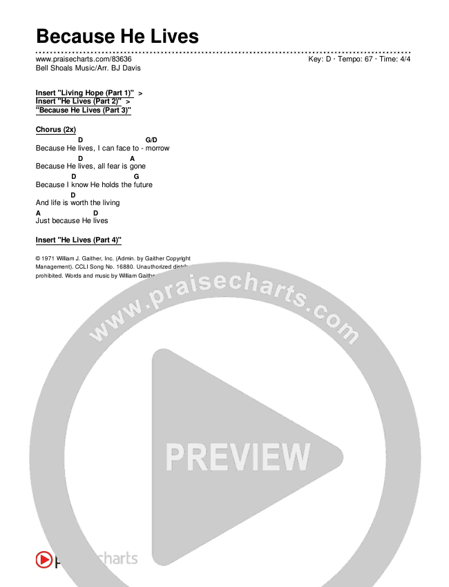 Because He Lives Chords & Lyrics (Bell Shoals Music / Arr. BJ Davis)