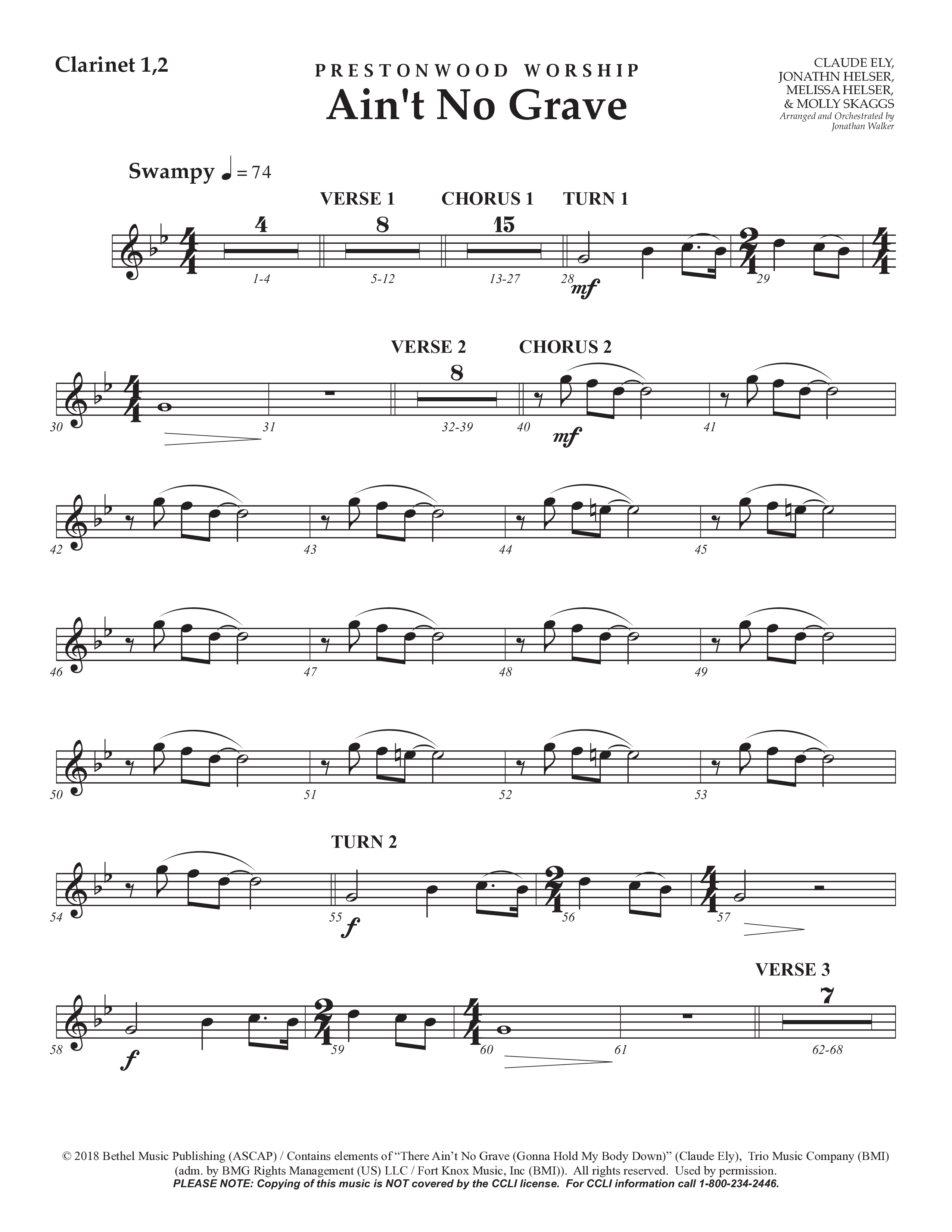 Ain't No Grave (Choral Anthem SATB) Clarinet 1/2 (Prestonwood Choir / Prestonwood Worship / Arr. Jonathan Walker)