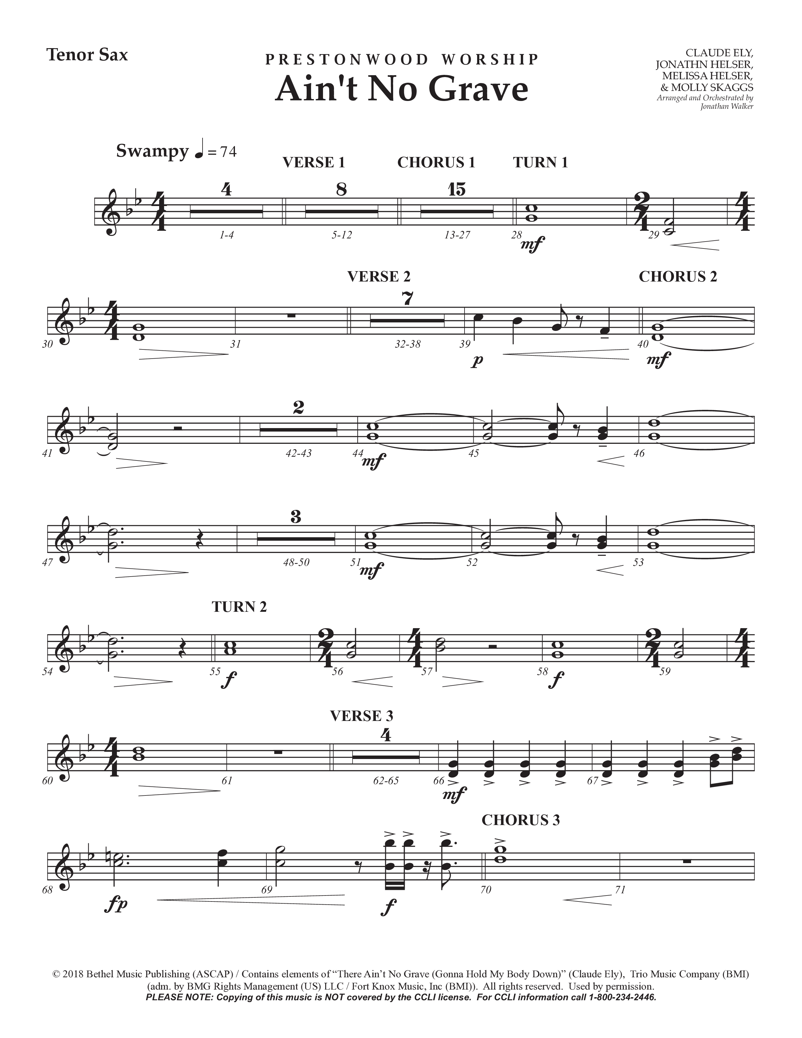 Ain't No Grave (Choral Anthem SATB) Tenor Sax 1 (Prestonwood Choir / Prestonwood Worship / Arr. Jonathan Walker)