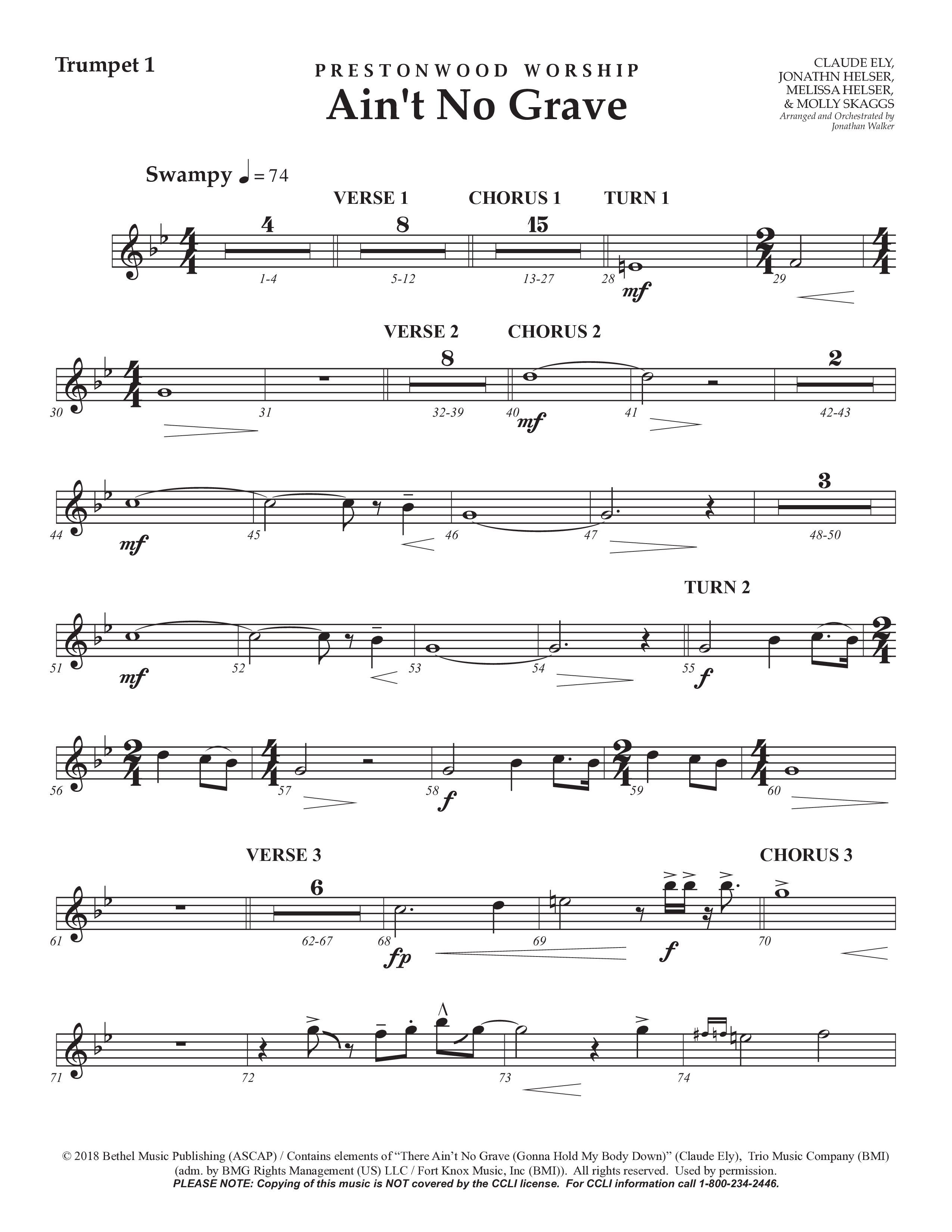 Ain't No Grave (Choral Anthem SATB) Trumpet 1 (Prestonwood Choir / Prestonwood Worship / Arr. Jonathan Walker)