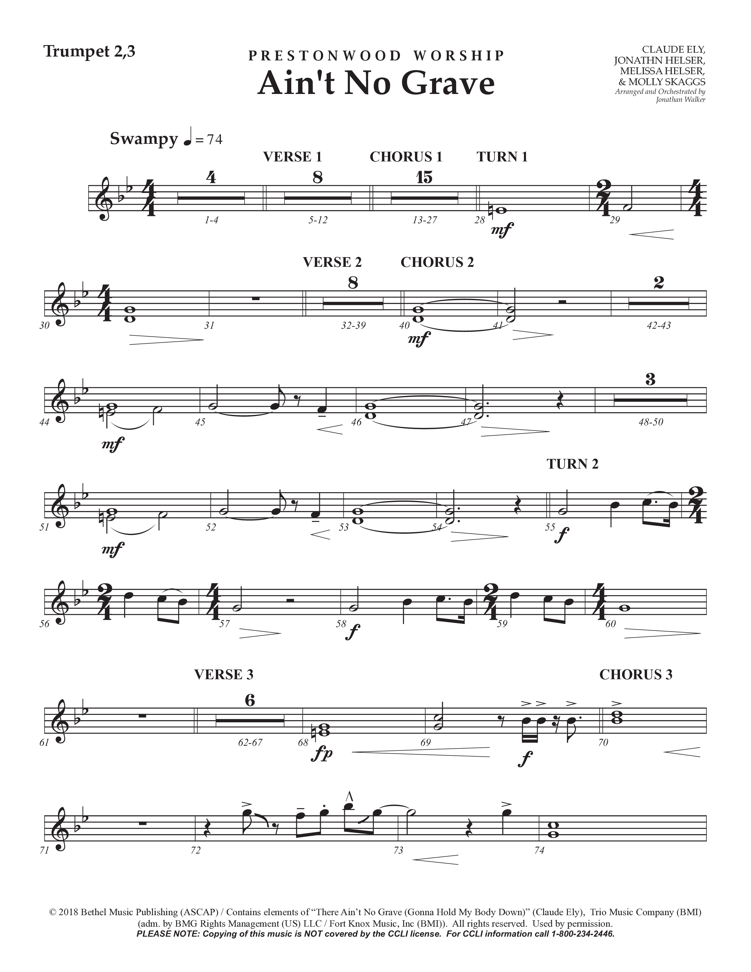 Ain't No Grave (Choral Anthem SATB) Trumpet 2/3 (Prestonwood Choir / Prestonwood Worship / Arr. Jonathan Walker)