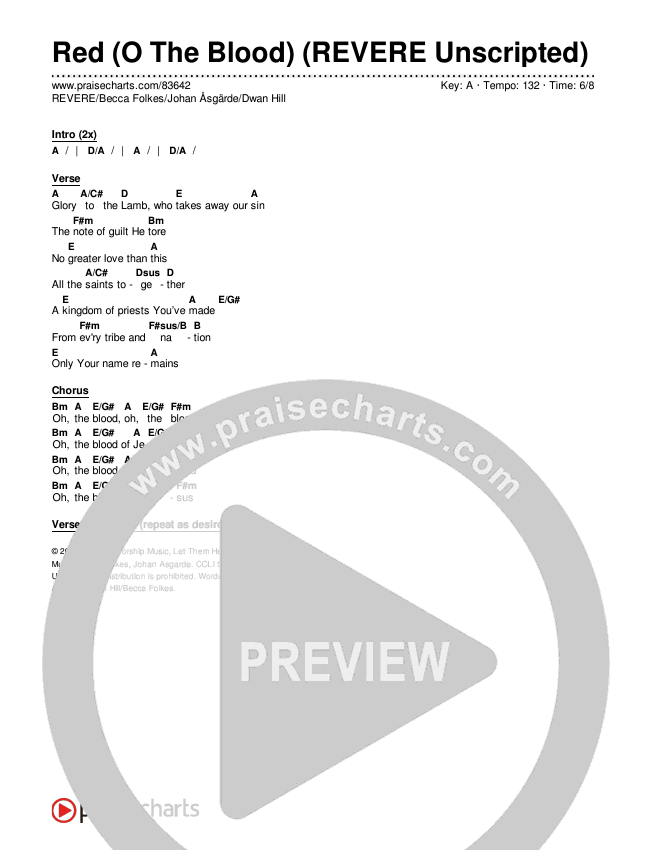 Red (O The Blood) (REVERE Unscripted) Chord Chart (REVERE / Becca Folkes / Johan Åsgärde / Dwan Hill)