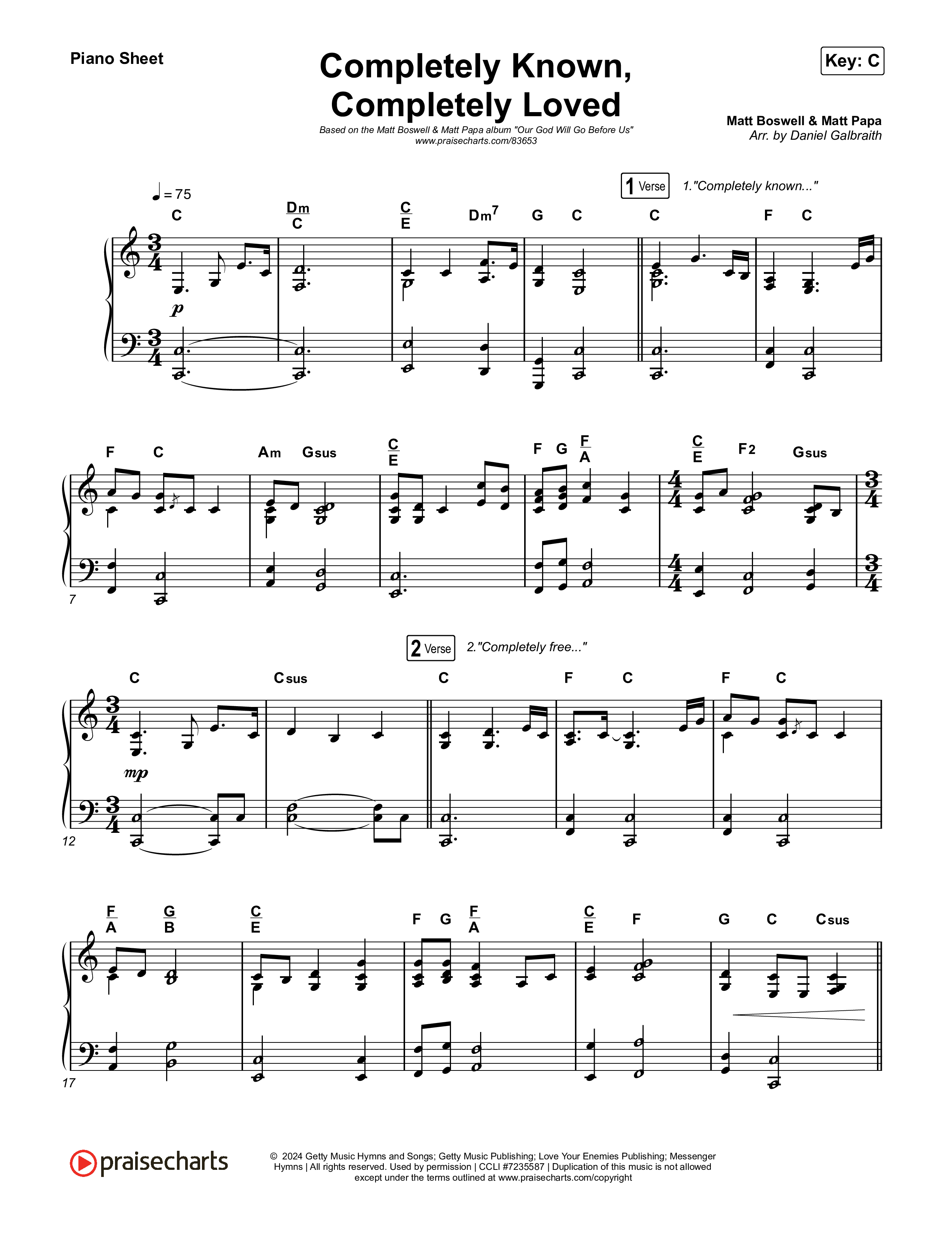 Completely Known Completely Loved Piano Sheet (Matt Boswell / Matt Papa)