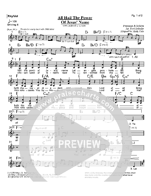 All Hail The Power Of Jesus Name Lead Sheet (Paul Baloche)