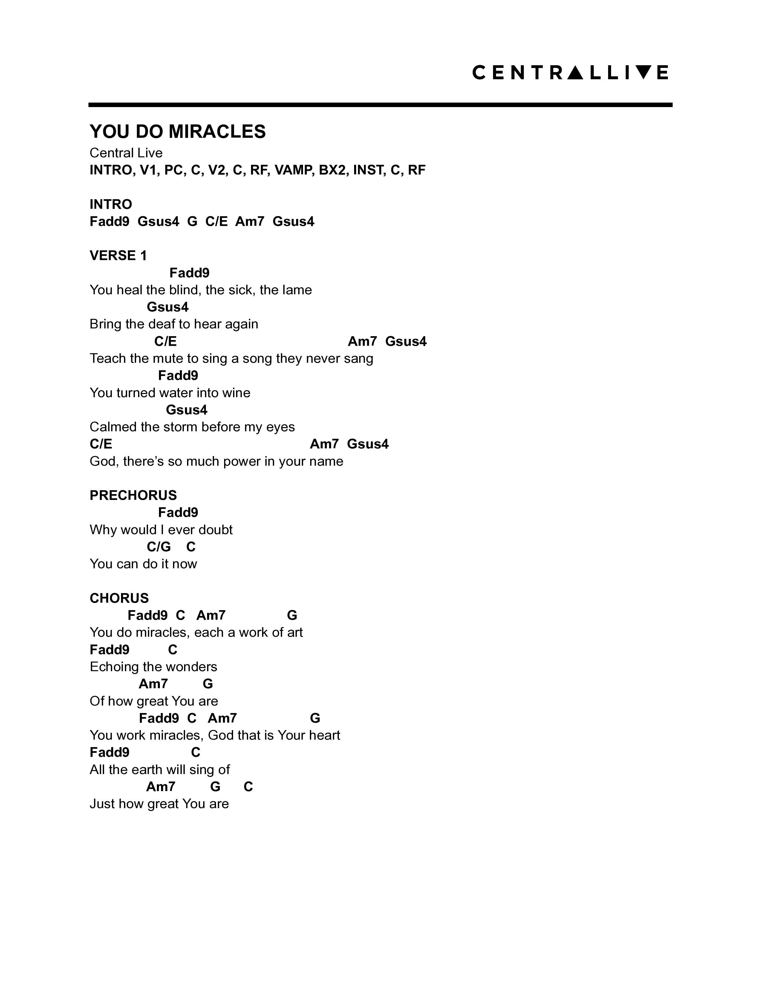 You Do Miracles Chord Chart (Central Live)