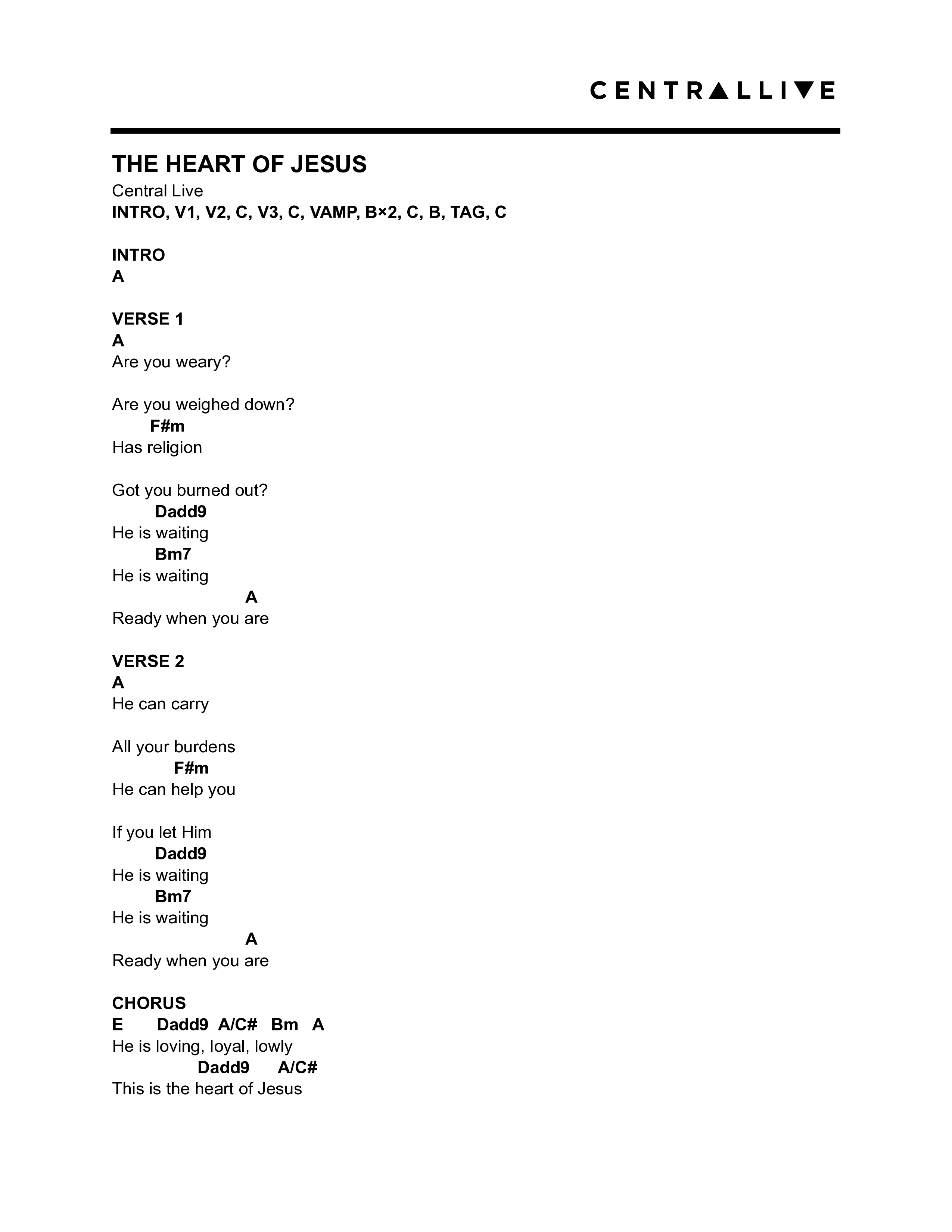 The Heart Of Jesus Chord Chart (Central Live)