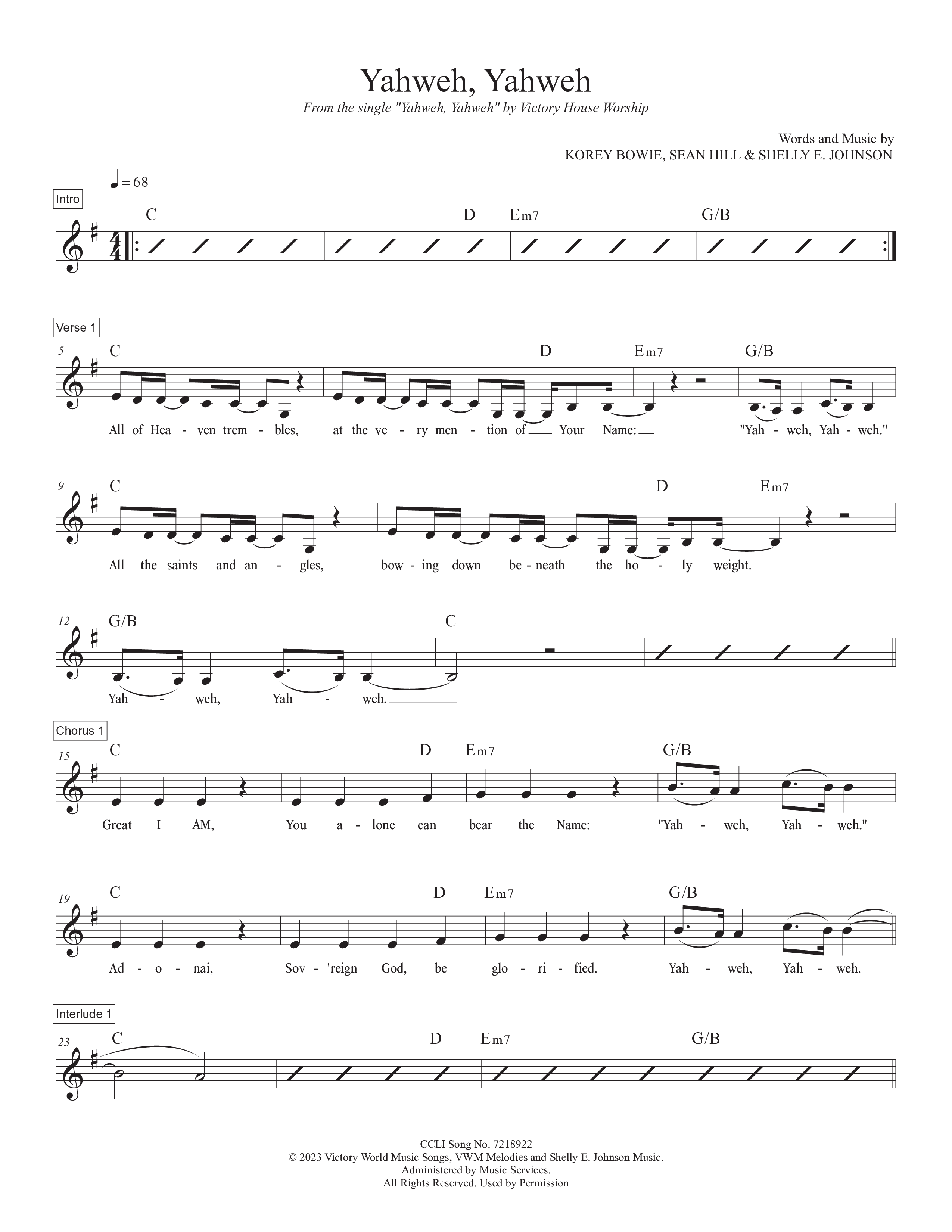 Yahweh Yahweh Lead Sheet Melody (Victory House Worship)