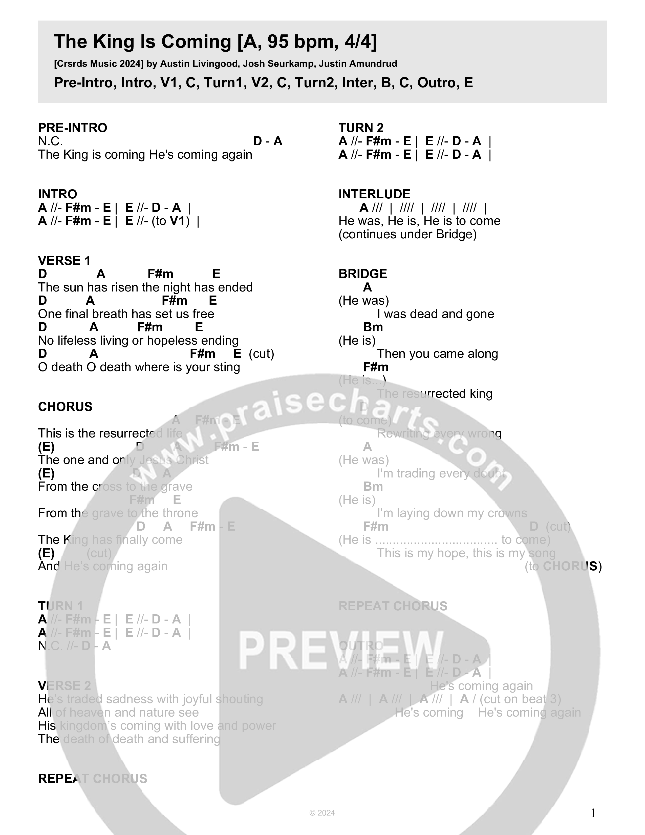 The King Is Coming Chord Chart (Crossroads Music)