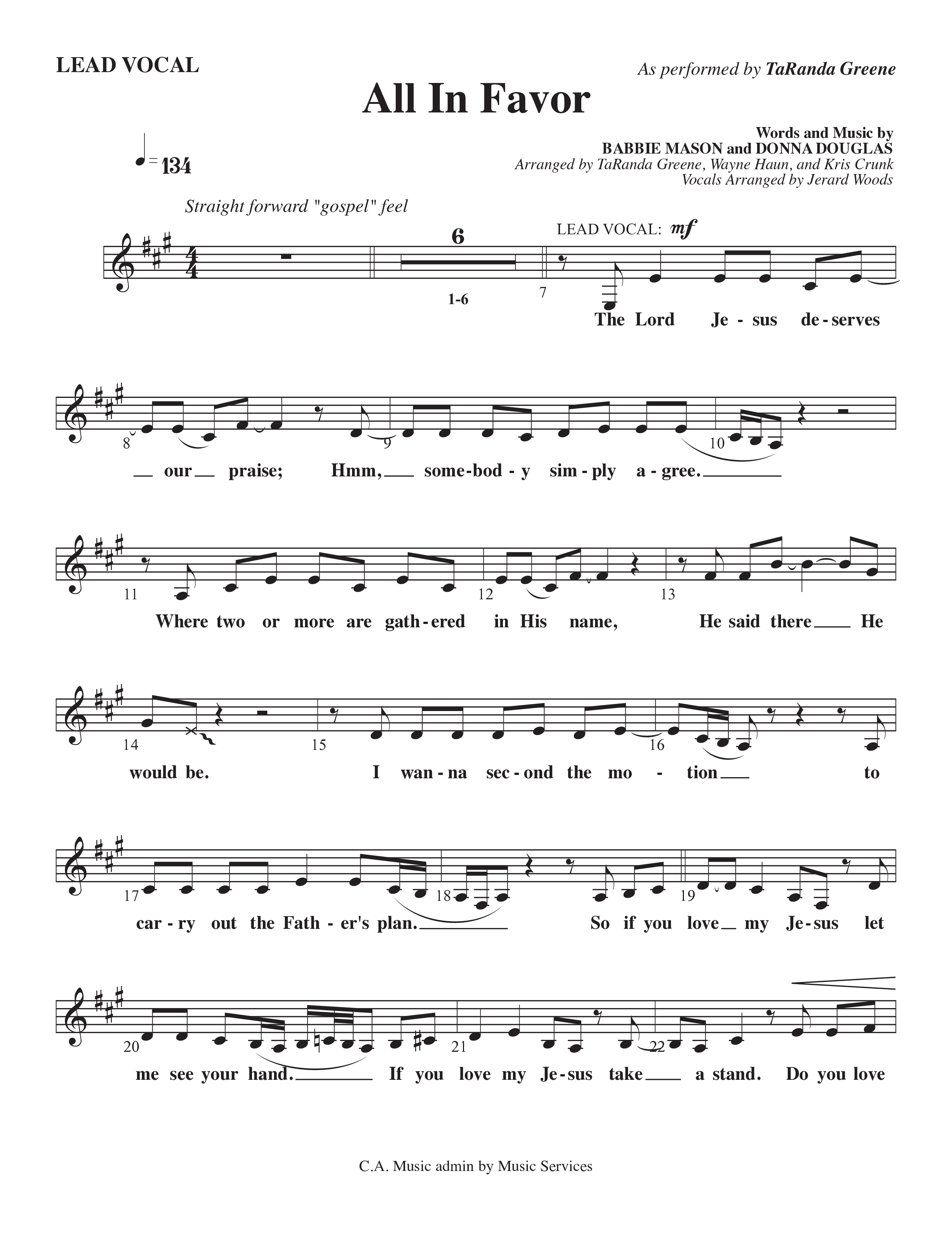 All In Favor (Choral Anthem SATB) Lead Sheet Melody (TaRanda Greene / Arr. Wayne Haun / Arr. Kris Crunk)